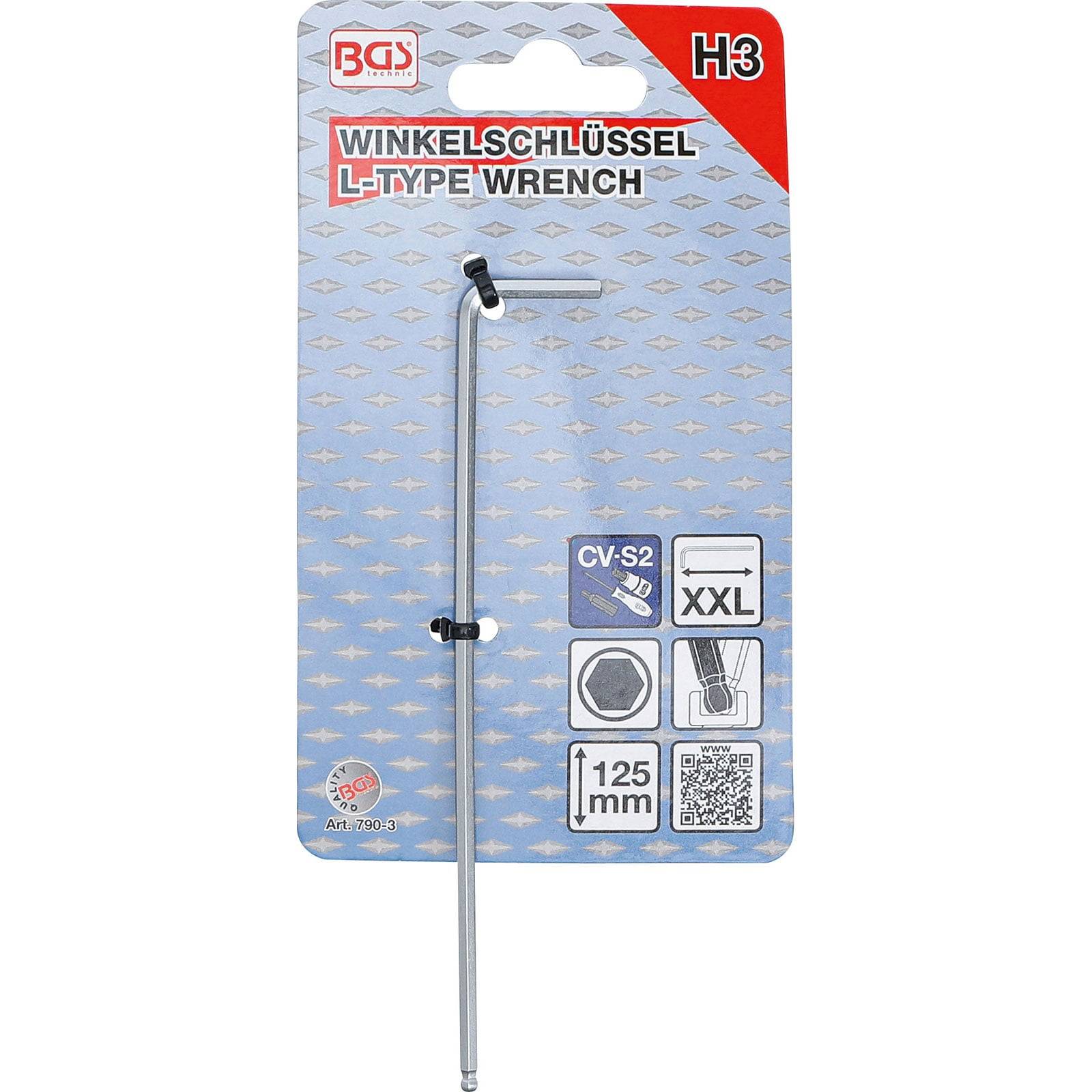 L-Schlüssel Typ H3, BGS-Marke, 125 mm, mit CV-S2 Materialwertung, XXL-Größe, auf blauer Verpackung mit Produktdetails dargestellt.