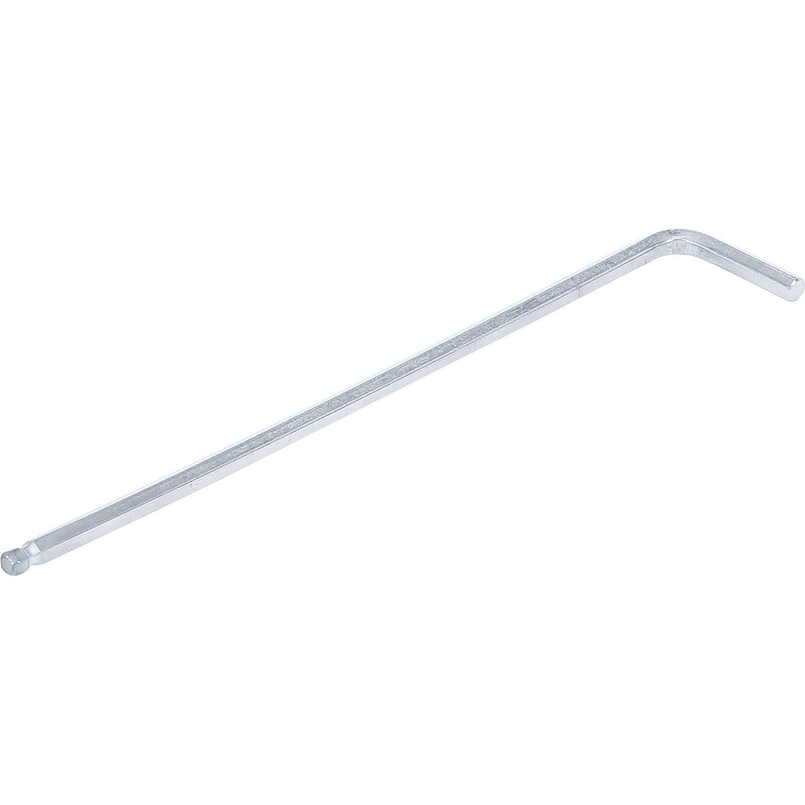 Ein silberner L-förmiger Sechskantschlüssel, der zum Anziehen oder Lösen von Schrauben oder Bolzen verwendet wird, auf einem einfarbigen weißen Hintergrund.