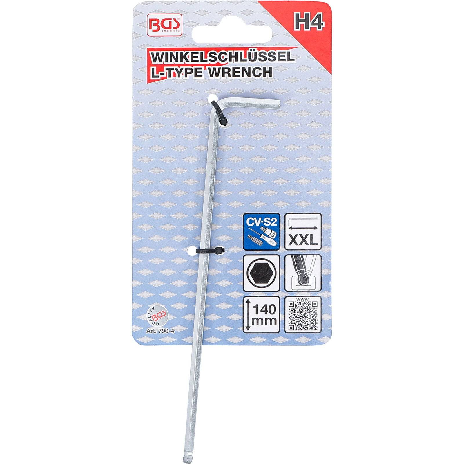 L-Type-Schlüssel H4 Verpackung, zeigt einen Metallschlüssel mit sechskantigem Ende. Verpackung gibt Größe 140mm an, CV-S2 Material, XXL, von BGS.