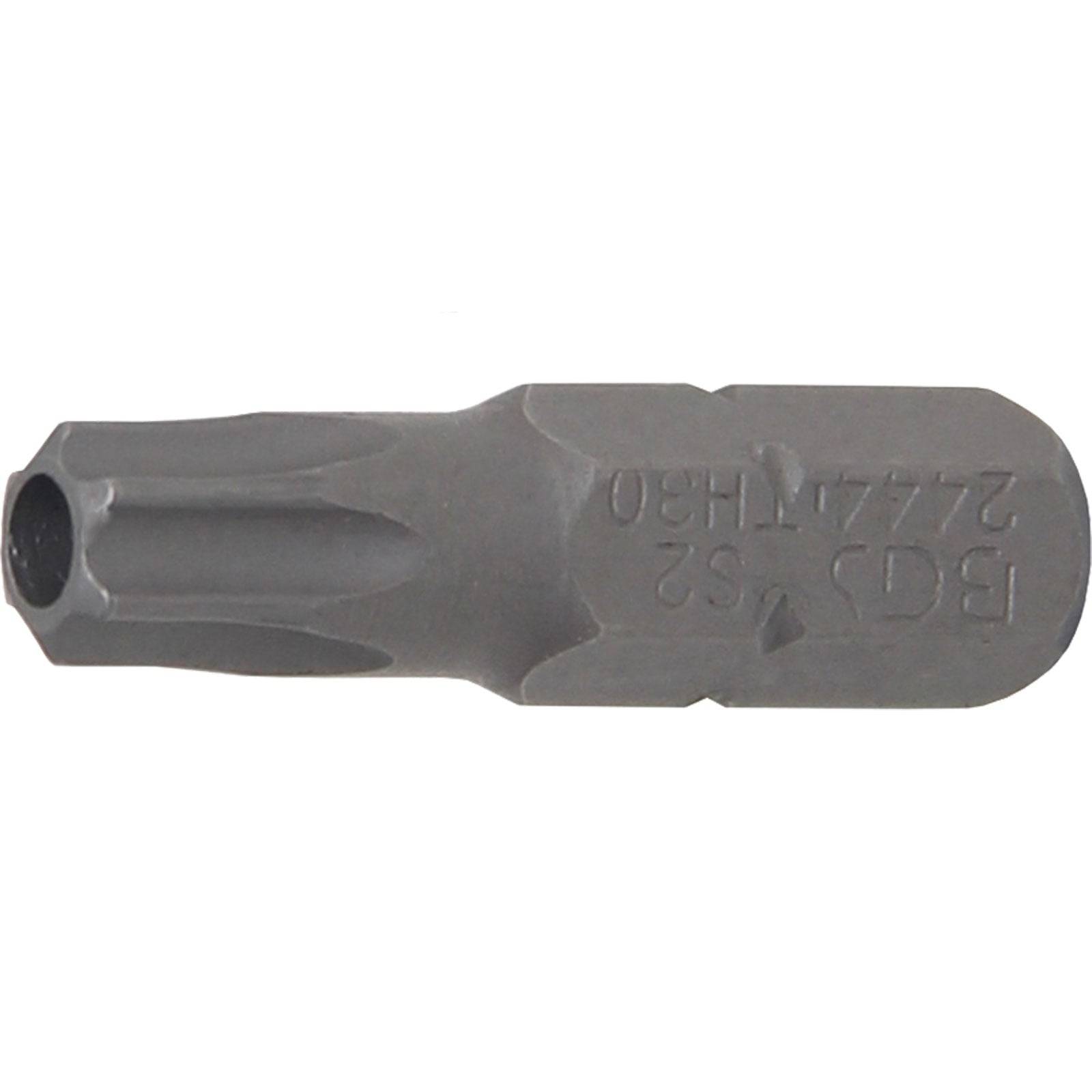 Ein Torx-Schraubendreher-Bit mit eingraviertem Text, hauptsächlich verwendet zum Eindrehen von Schrauben mit Torx-Kopf.
