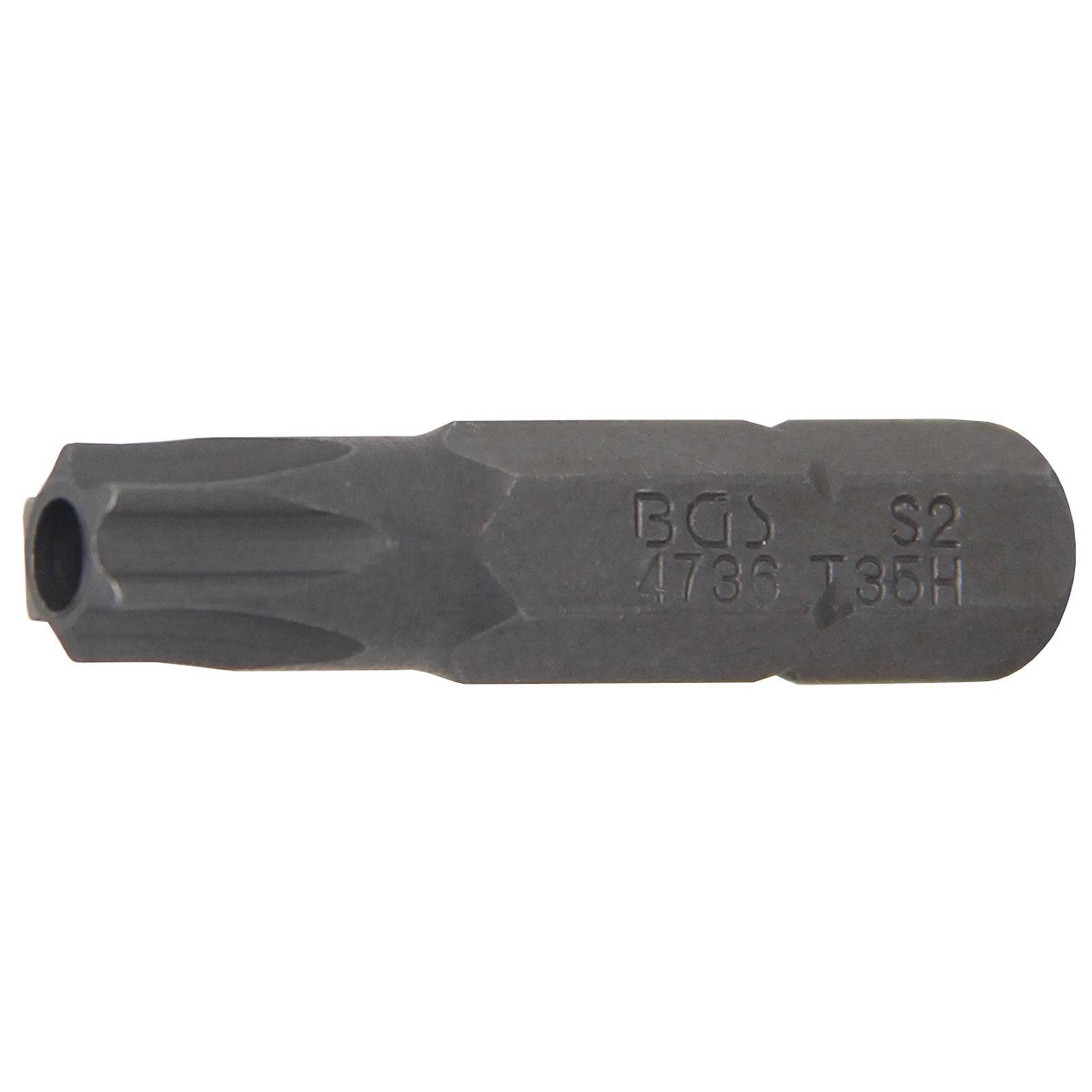 Ein T85H Torx-Bit mit sechskantigem Schaft, der für den Einsatz mit elektrischen Schraubern konzipiert ist. Auf der Seite ist ‚BGS 4739 S2' eingraviert.