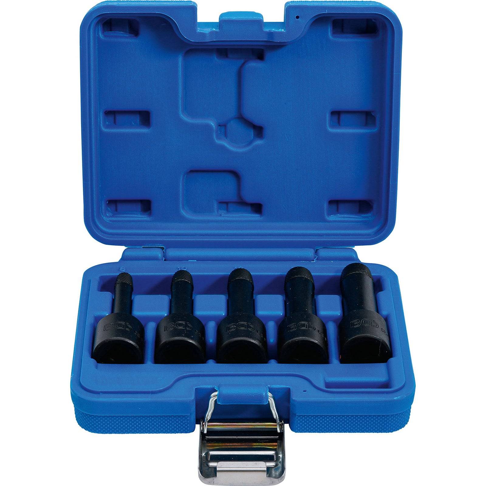 Eine blaue Plastikbox, die fünf schwarze Steckschlüssel enthält, die ordentlich in einer Schutznut angeordnet sind, mit einem Metallverschluss am unteren Rand.