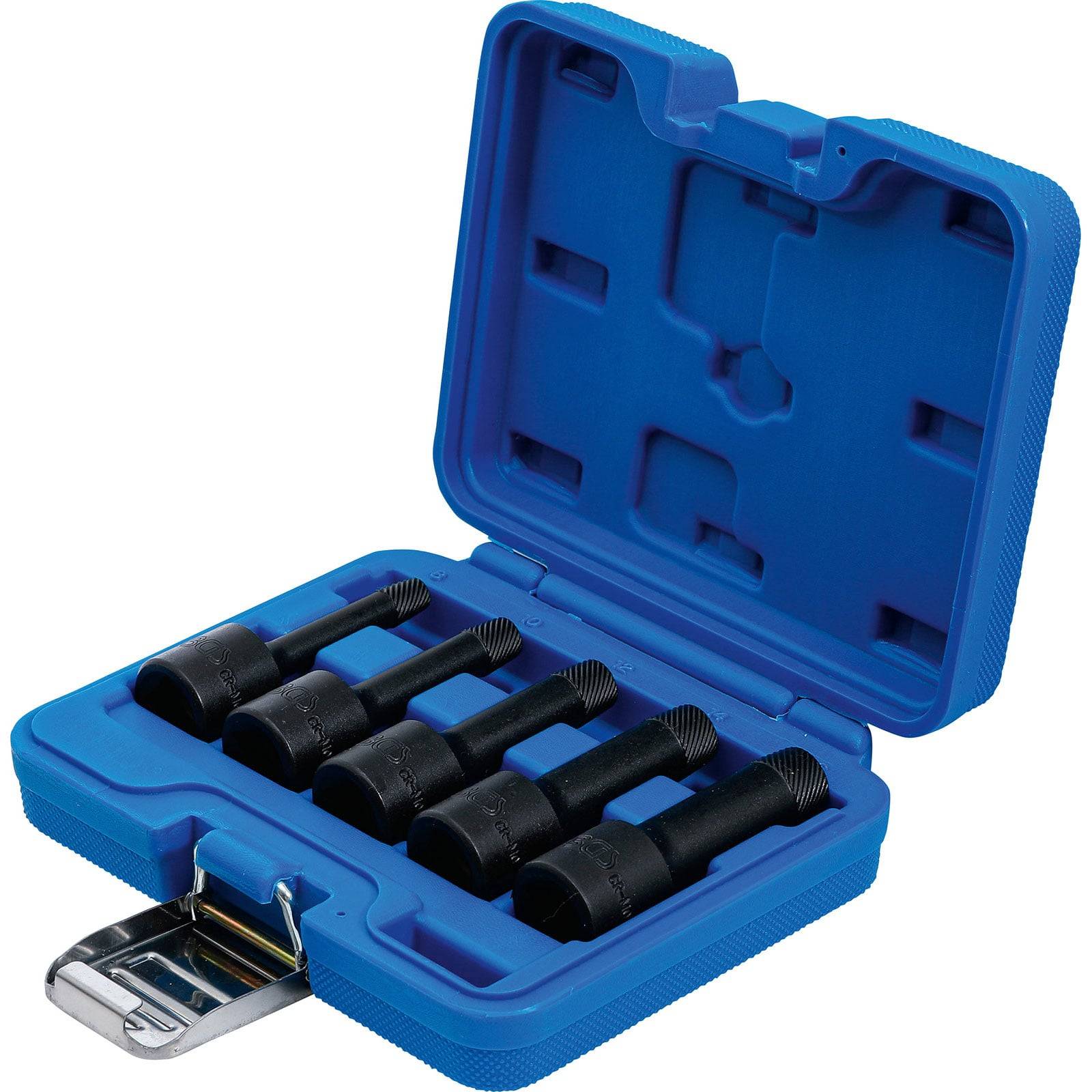 Eine blaue Plastikbox, die fünf schwarze Steckschlüssel unterschiedlicher Größen enthält, sicher in vorgesehenen Fächern platziert, mit einem Metallverschluss.