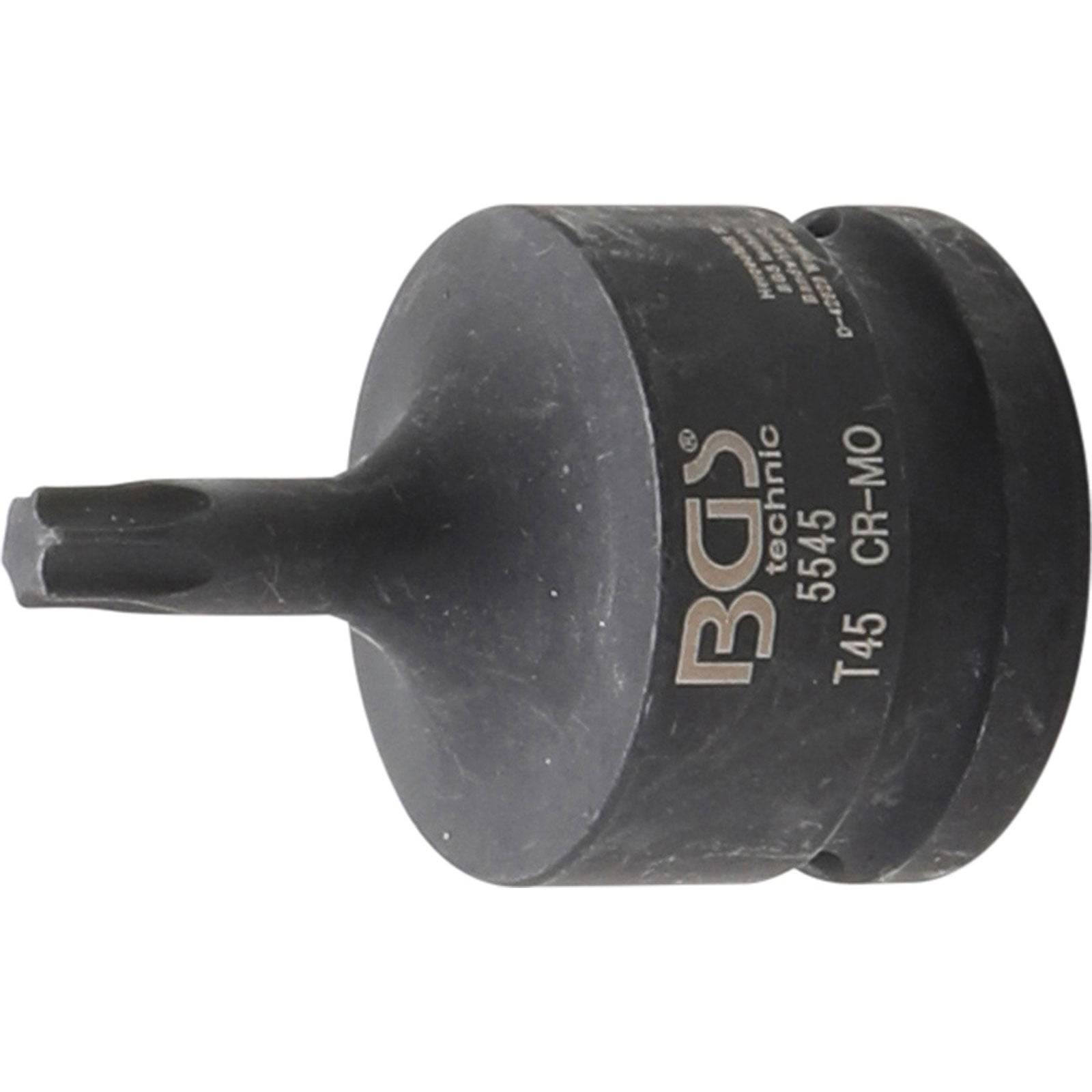 Das Bild zeigt einen schwarzen T45 Torx-Einsatz von BGS technic, beschriftet mit '5645 CR-MO', der für mechanische Anwendungen konzipiert ist.