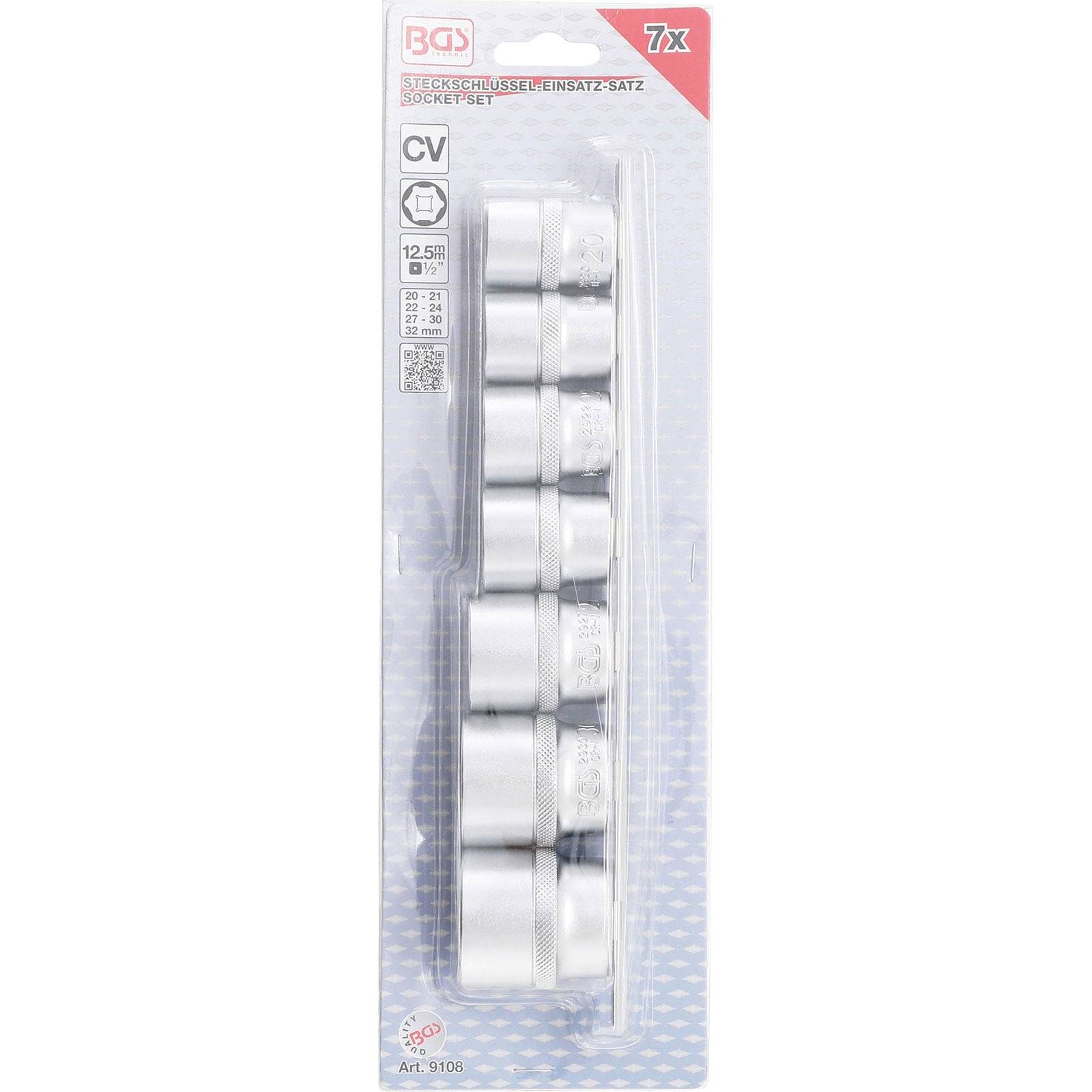 7er Chrom-Vanadium Steckschlüsselsatz in Verpackung, zeigt sieben Größen. Markenname in der oberen linken Ecke.