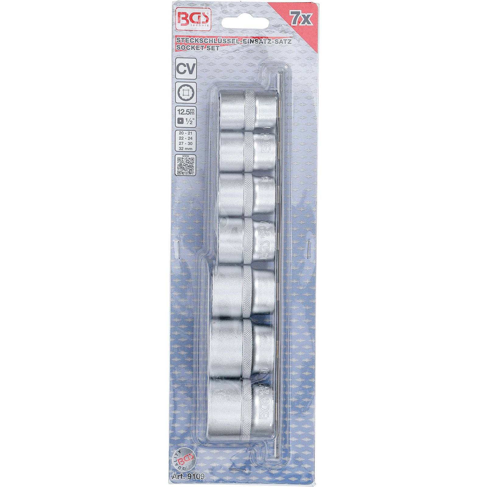 Eine Blisterpackung mit sieben Chrom-Vanadium-Stahl-Stecknüssen in verschiedenen Größen, auf der Verpackung mit „7x Stecknuss-Satz