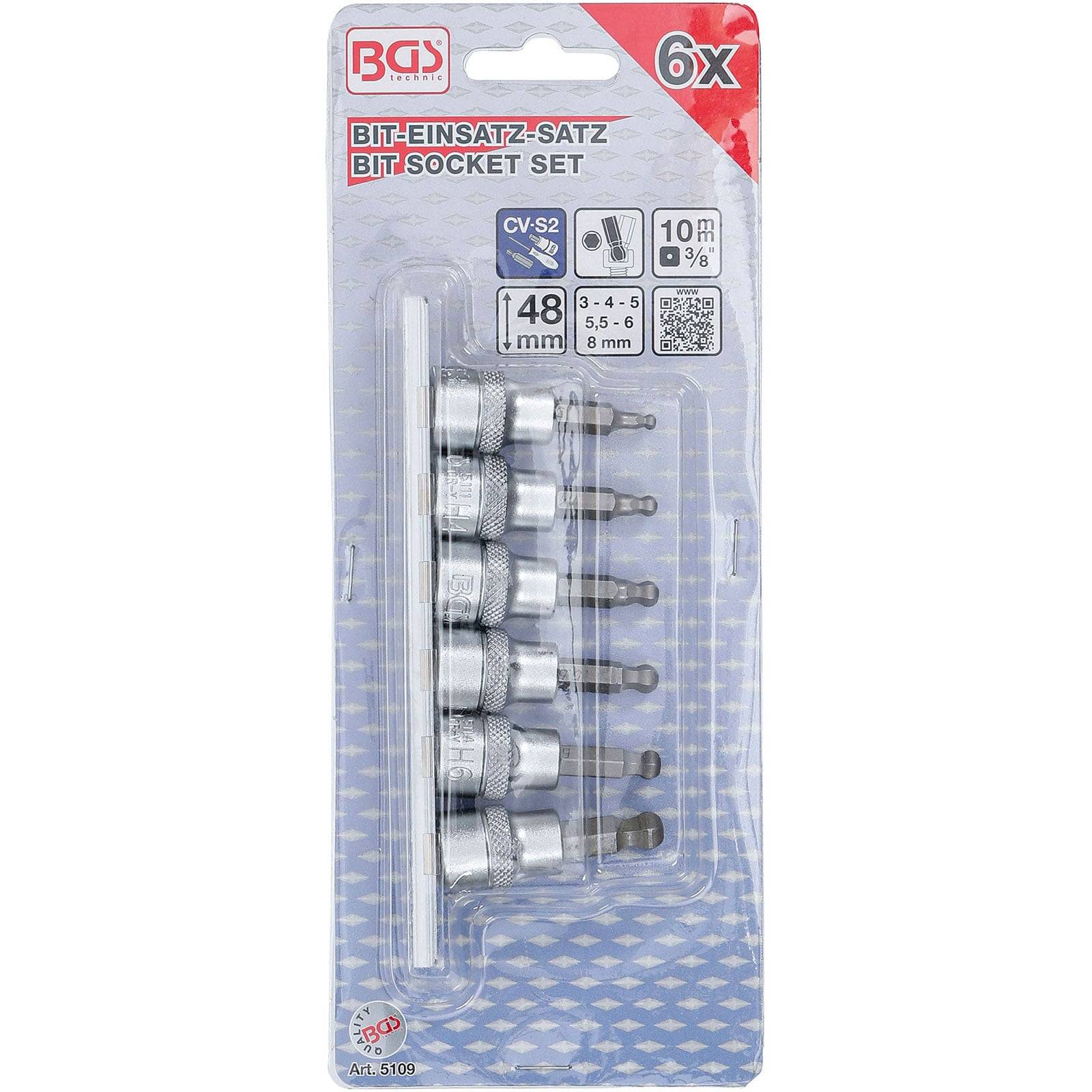 „6-teiliges Bit-Steckschlüssel-Set in Verpackung, beinhaltet Größen 3-4-5-5,5-6-8mm, aus CV-S2-Stahl mit 10mm-Antrieb, Marke BGS.