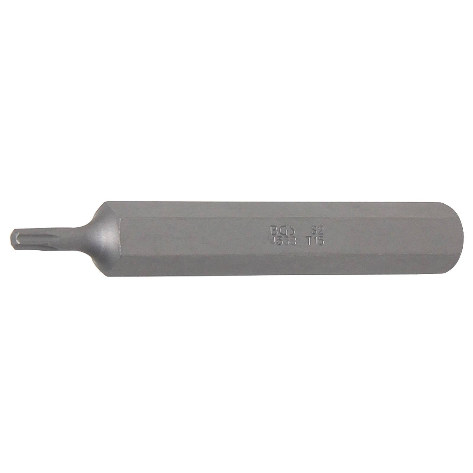 Ein Stahl-Sechskant-Bit mit einer Torx-Spitze, konzipiert für den Einsatz mit Bohrmaschinen oder manuellen Schraubendrehern, auf weißem Hintergrund.