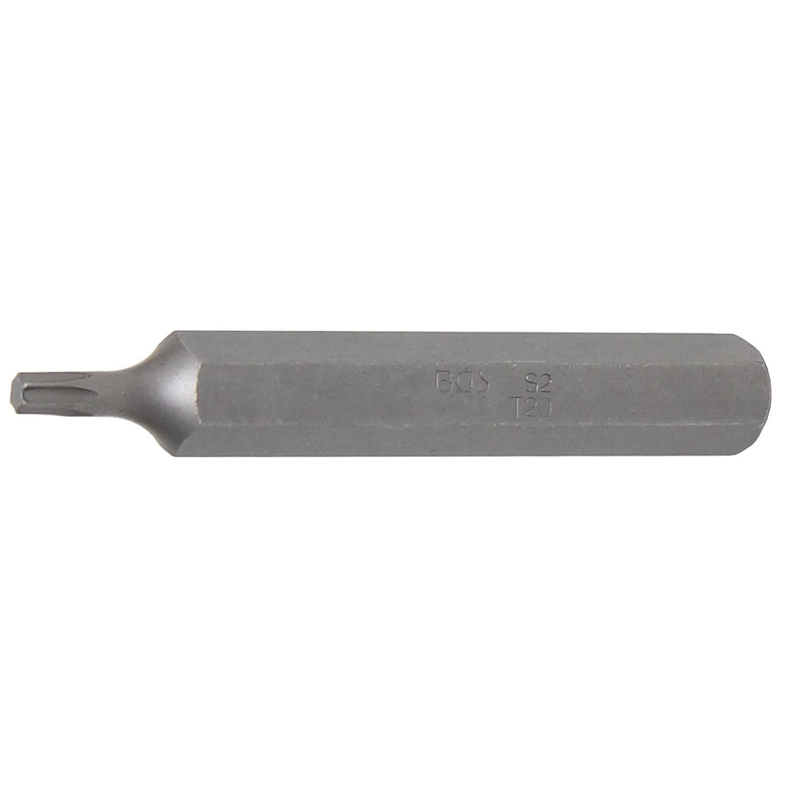 Ein Sechskant-Schraubendreher-Bit mit einem T30 Torx-Kopf, hergestellt aus S2-Stahl, wird vor einem schlichten weißen Hintergrund dargestellt.
