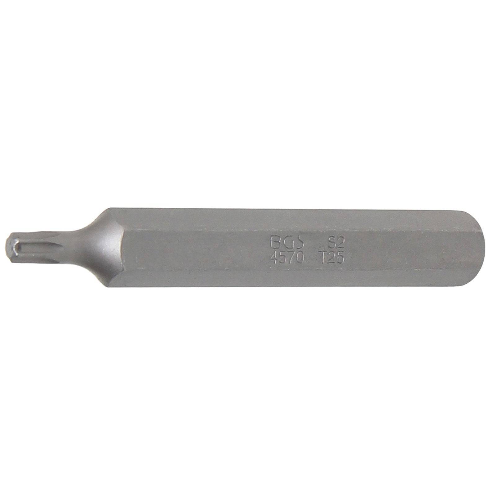 Ein Metallsechskant-Bit für einen Schraubendreher mit sternförmiger Spitze, der zum Eindrehen von Schrauben mit kompatiblen Köpfen verwendet wird. Der Bit ist mit Markierungen graviert.
