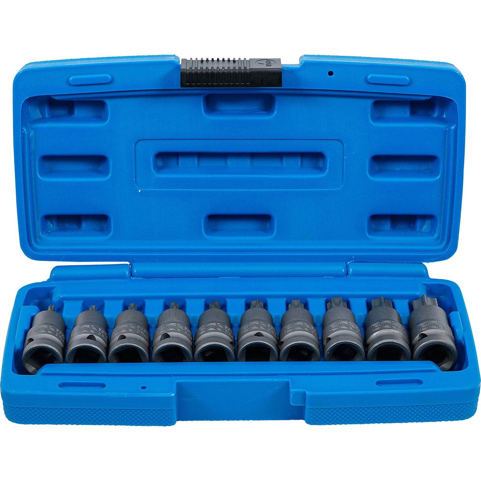 Eine blaue Plastikbox, die zehn Innensechskant-Bits enthält, die nebeneinander angeordnet sind und zum Eindrehen von Schrauben oder Bolzen in verschiedenen Größen mit Sechskantprofil verwendet werden.