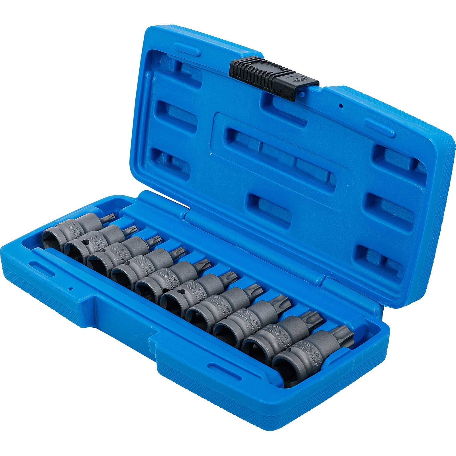 Eine blaue Plastikbox, die geöffnet eine Reihe von zehn grauen Schlagschraubereinsätzen zeigt, die in zwei Reihen angeordnet sind.