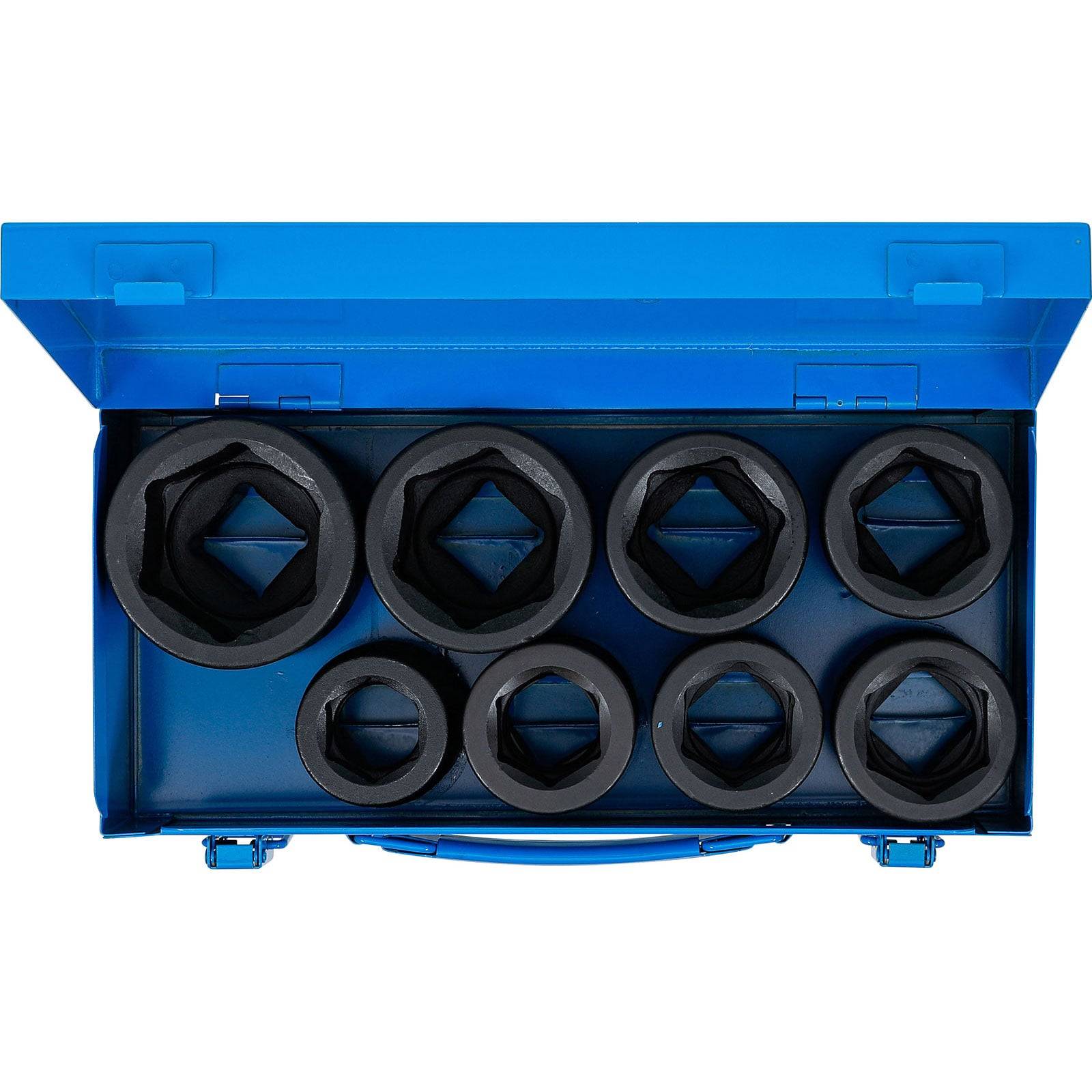 Ein blauer Metallkoffer, der acht schwarze, sechseckige Ölfilteraufnahmen enthält, die in zwei Reihen angeordnet sind und zur Fahrzeugwartung verwendet werden.