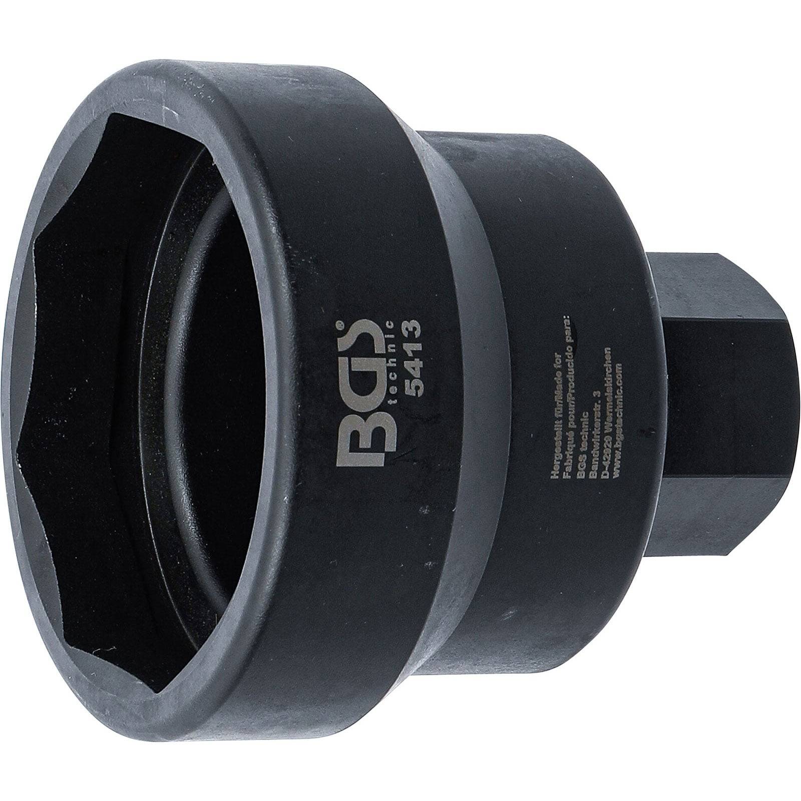 Ein großer, schwarzer BGS-Marken-Automotive-Steckschlüssel, sechseckig geformt, für Anwendungen mit hoher Beanspruchung entwickelt.