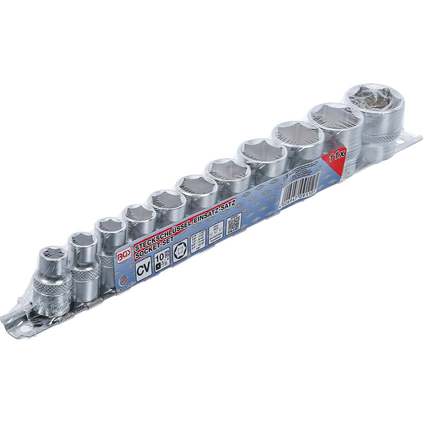 Ein Satz von elf Metallsteckschlüsseln, von kleinster bis zu größter Größe angeordnet, in einer beschrifteten Kunststoffverpackung mit Markenname und Spezifikationen.