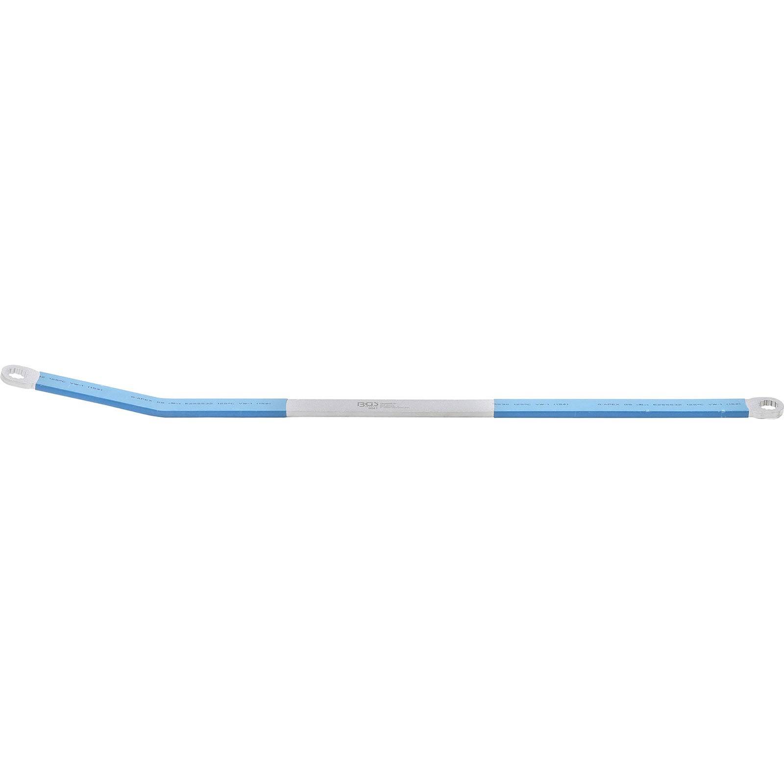 Eine blaue und silberne Spurstange mit beschrifteter Mittensektion, die ein winkelförmiges Design zur Einstellung und Stabilisierung von Komponenten aufweist.