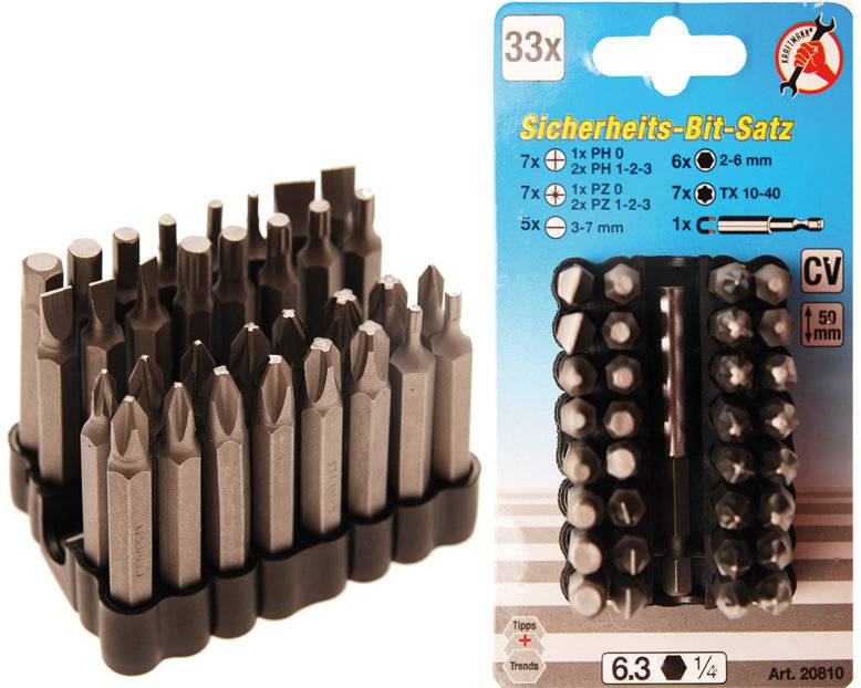 Bit-Satz für Sicherungsschrauben Antrieb Außensechskant 6,3 mm (1/4) 33-tlg.