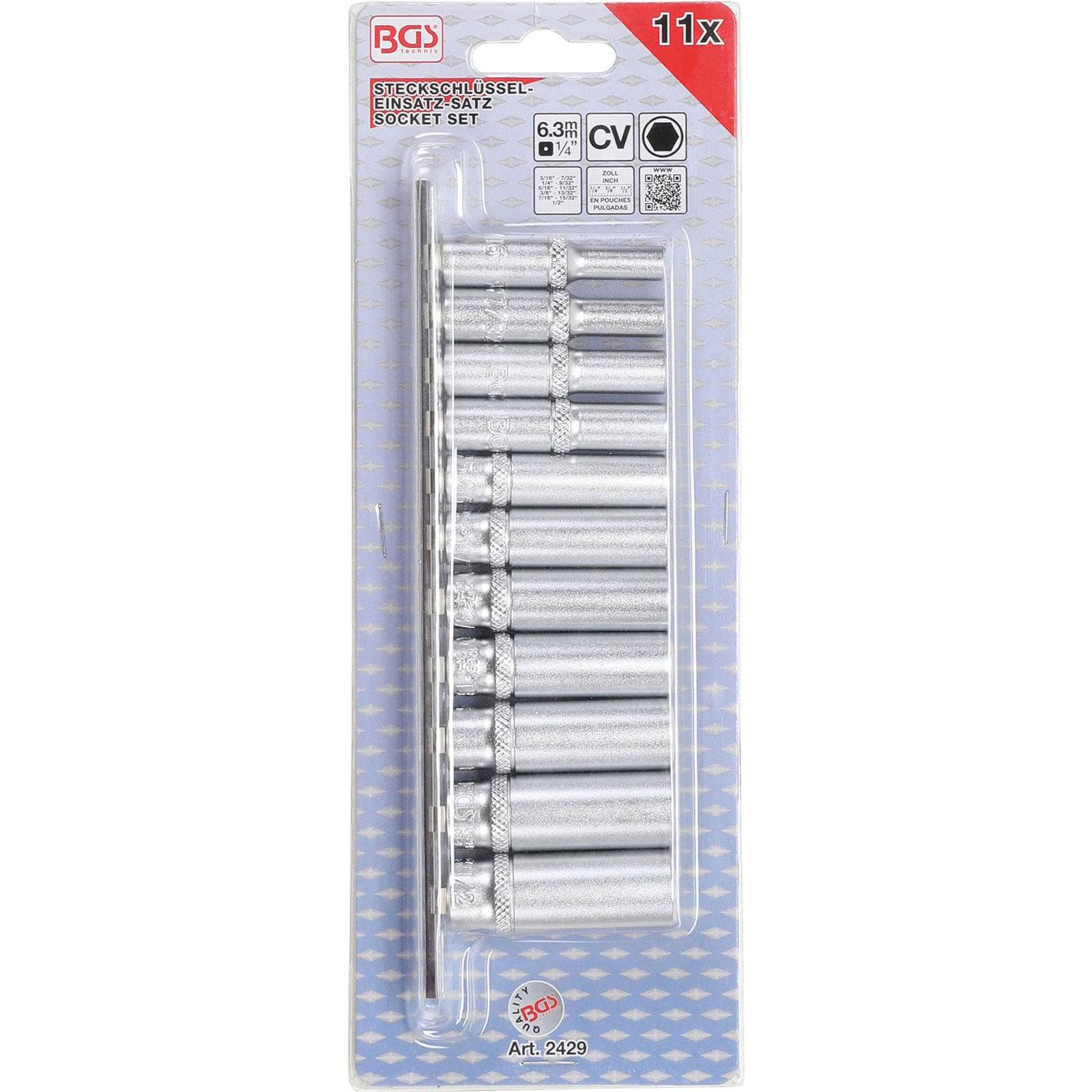 Steckschlüssel-Set mit 11 Metallsteckschlüsseln, gekennzeichnet mit 'BGS', mit Größen- und Materialangaben.