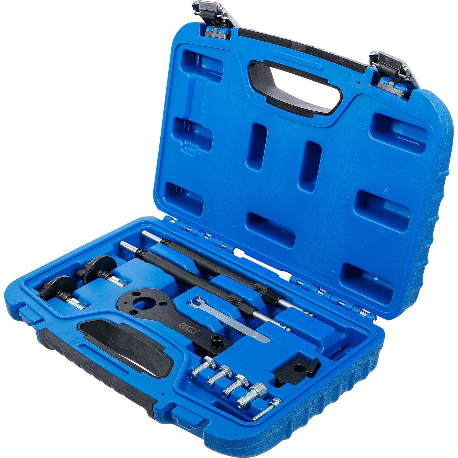 Ein blauer Kunststoff-Werkzeugkoffer, geöffnet und so ausgerichtet, dass verschiedene Werkzeuge sauber und ordentlich darin zu sehen sind, darunter ein Schraubenschlüssel und Bohrereinsätze, was Einsatzbereitschaft für mechanische Arbeiten andeutet.