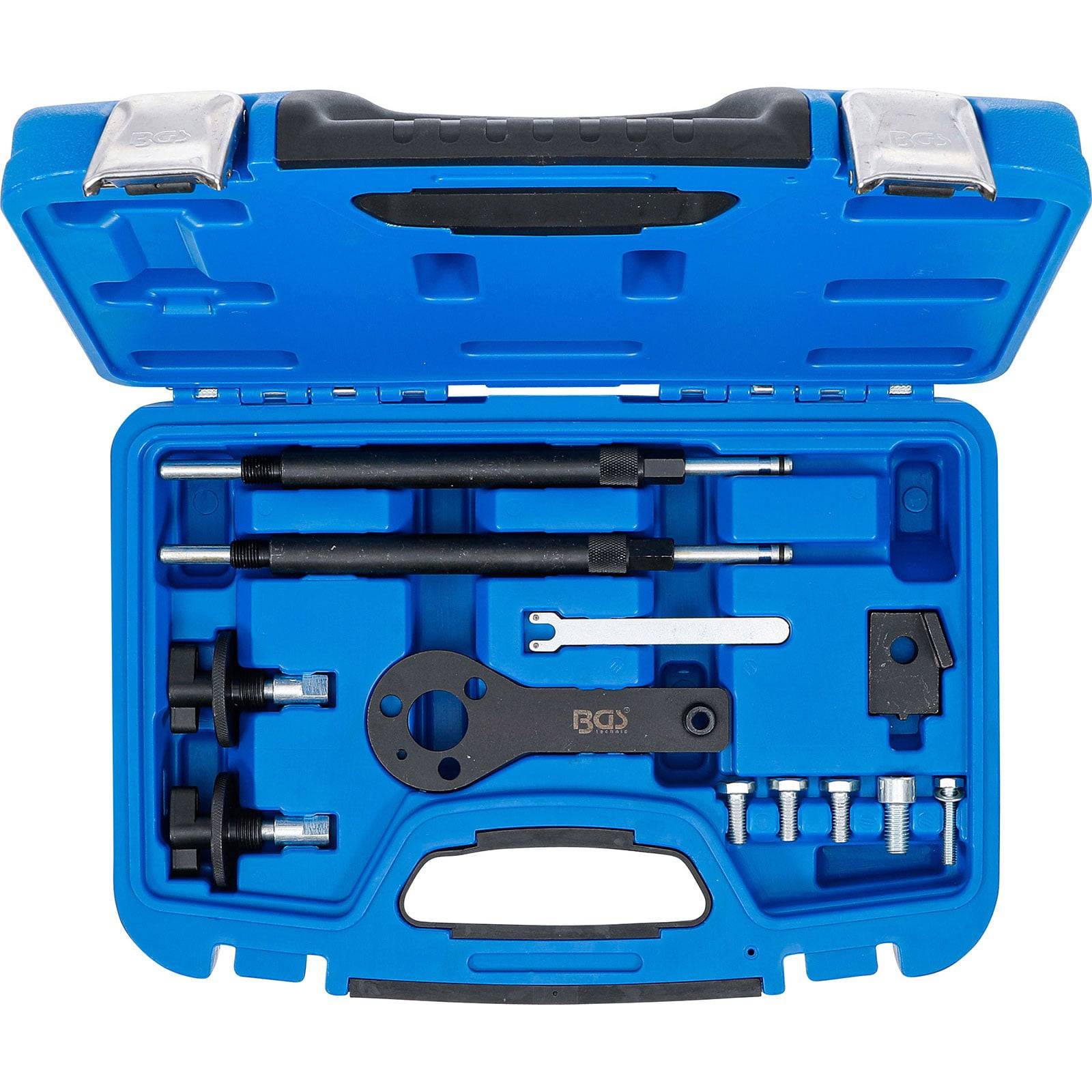 Offener blauer Werkzeugkasten mit verschiedenen Automobilzeitwerkzeugen, einschließlich Zahnkränze, einem Schraubenschlüssel und Bolzen, organisiert in Fächern.