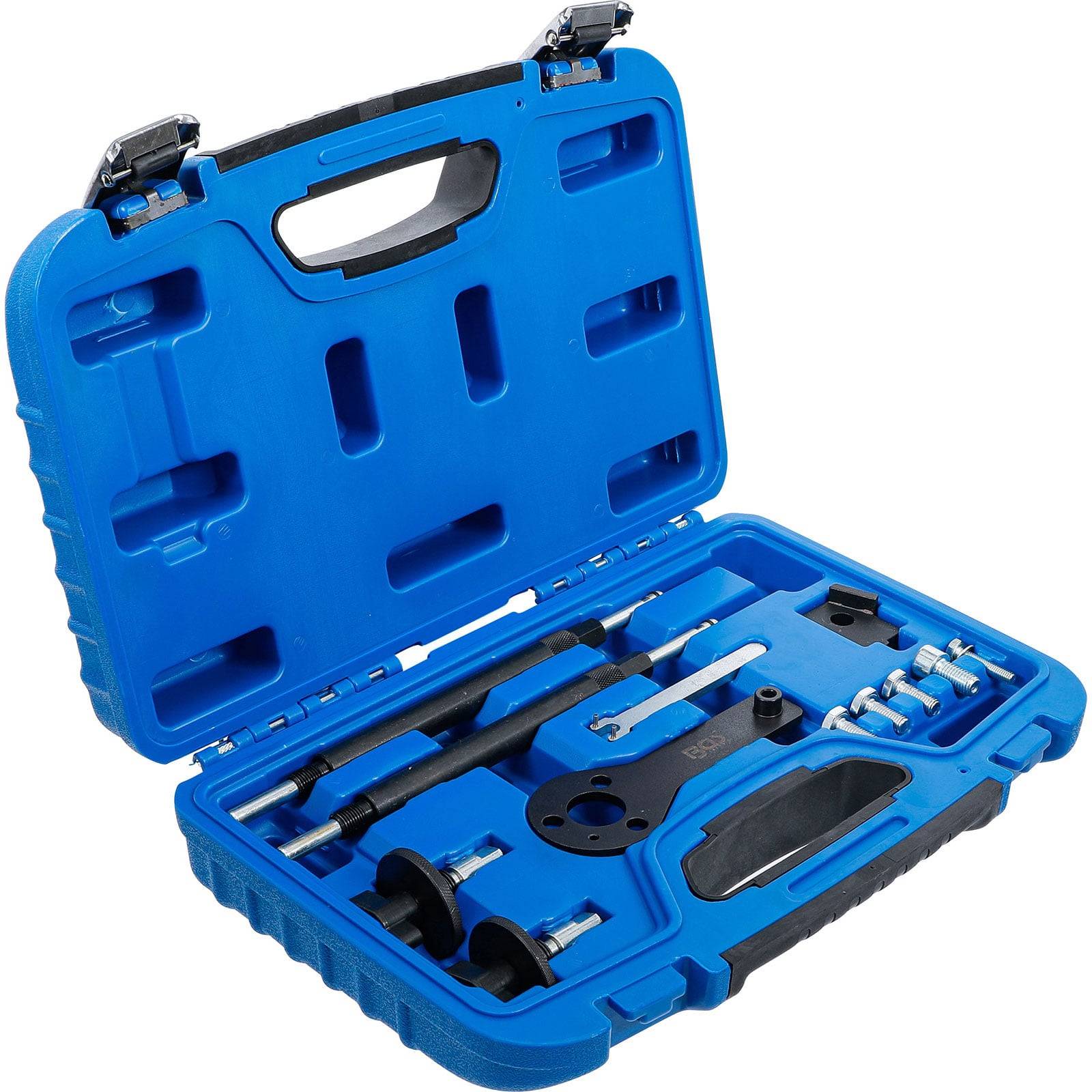 Ein offener blauer Kunststoffwerkzeugkasten, der verschiedene spezialisierte Werkzeuge in angepassten Steckplätzen enthält, darunter Schraubenschlüssel und Schraubenzieher.