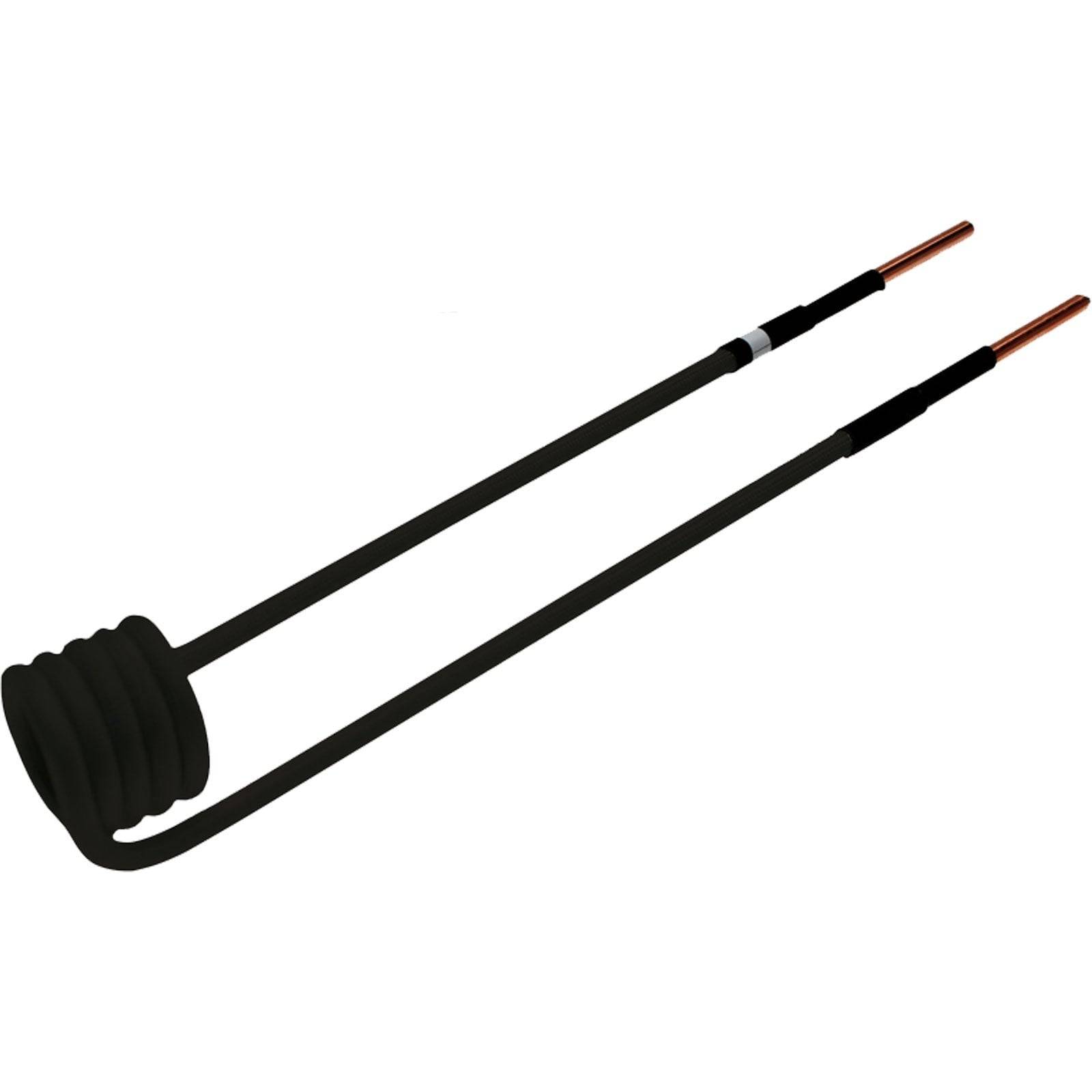 Eine schwarze Induktionsspule mit spiralförmigem Design an einem Ende und zwei geraden Kupferenden, die für Heizanwendungen in industriellen Umgebungen verwendet wird.