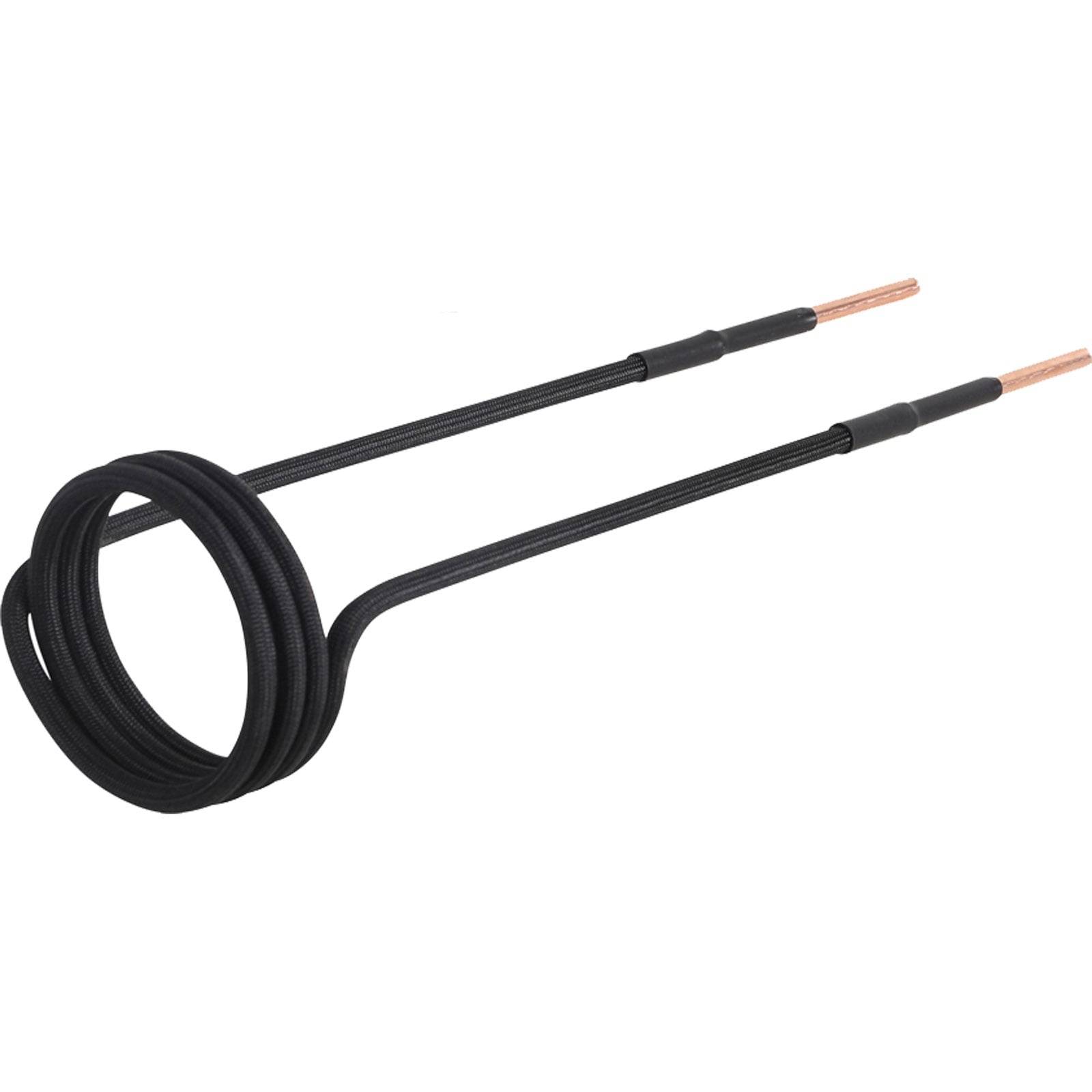 Eine schwarze Induktionsheizspule mit zwei Kupferdrahtenden, die einen gewickelten Abschnitt zur Konzentration von Magnetfeldern aufweist und in Heizanwendungen eingesetzt wird.