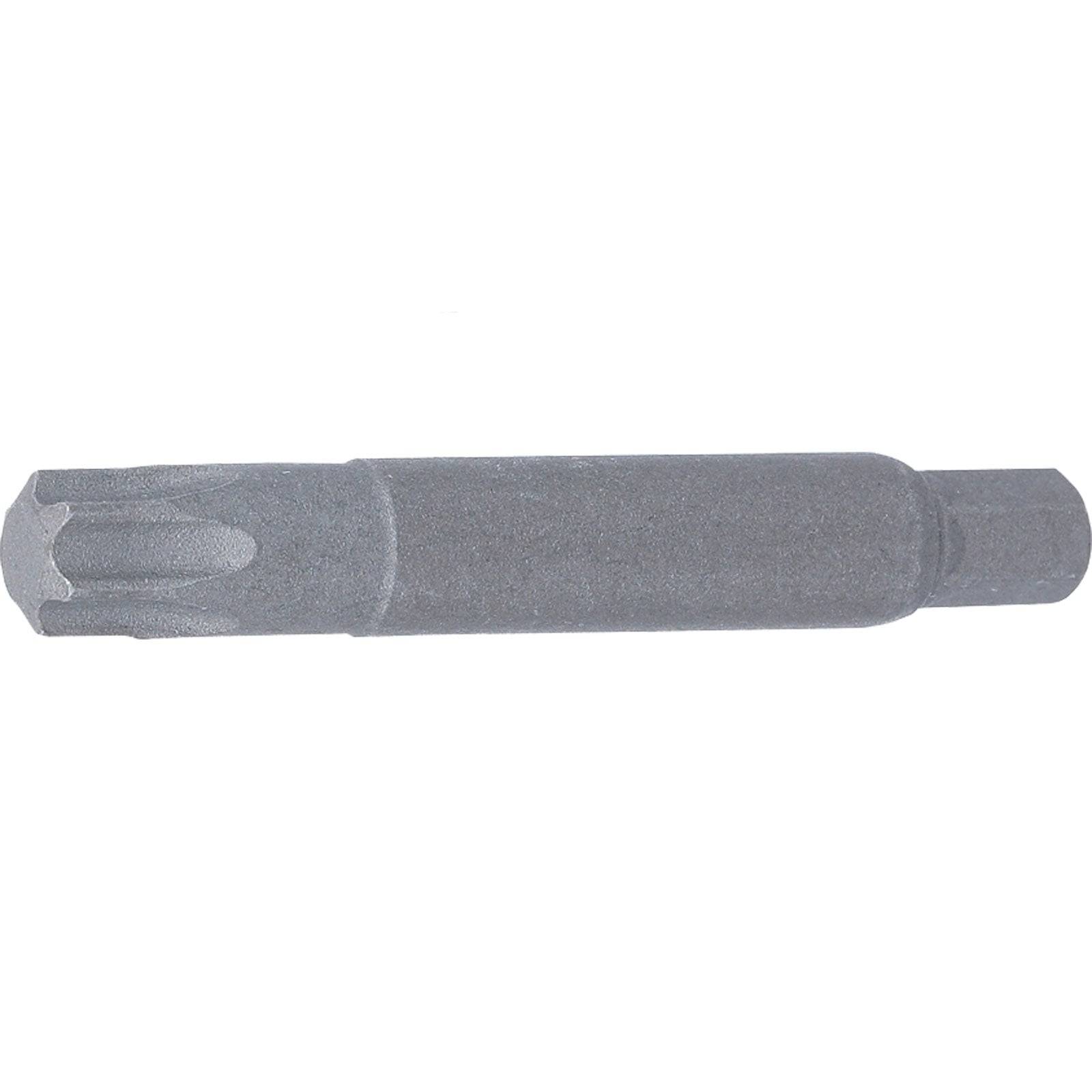 Eine graue Metallspline-Welle mit gerillter Oberfläche, die in mechanischen Anwendungen verwendet wird und möglicherweise zur Drehmomentübertragung vorgesehen ist.
