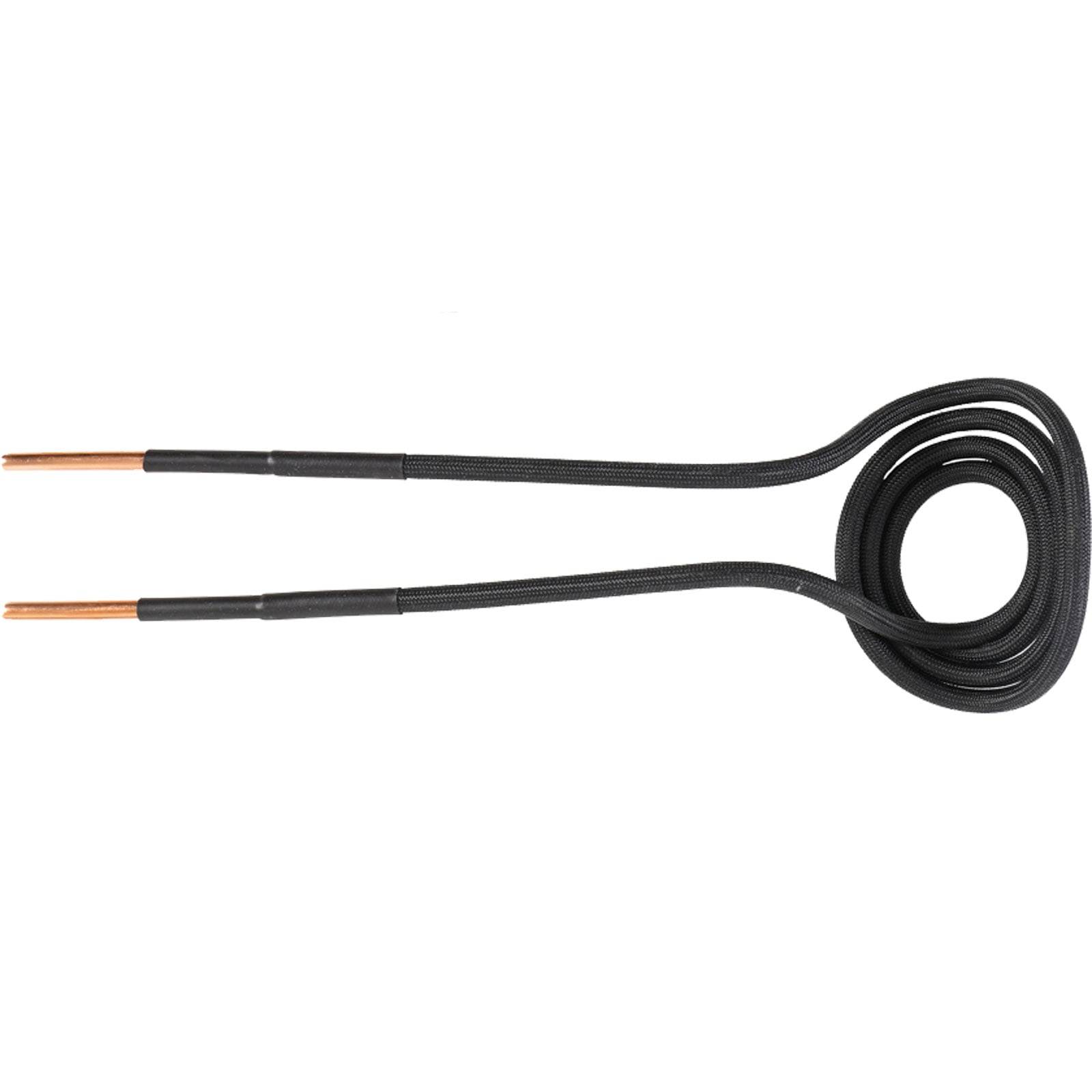 Ein schwarzes, gewundenes Kabel umschlingt eine Hälfte und erstreckt sich auf der anderen Seite in zwei gerade, freigelegte Kupferdrähte.