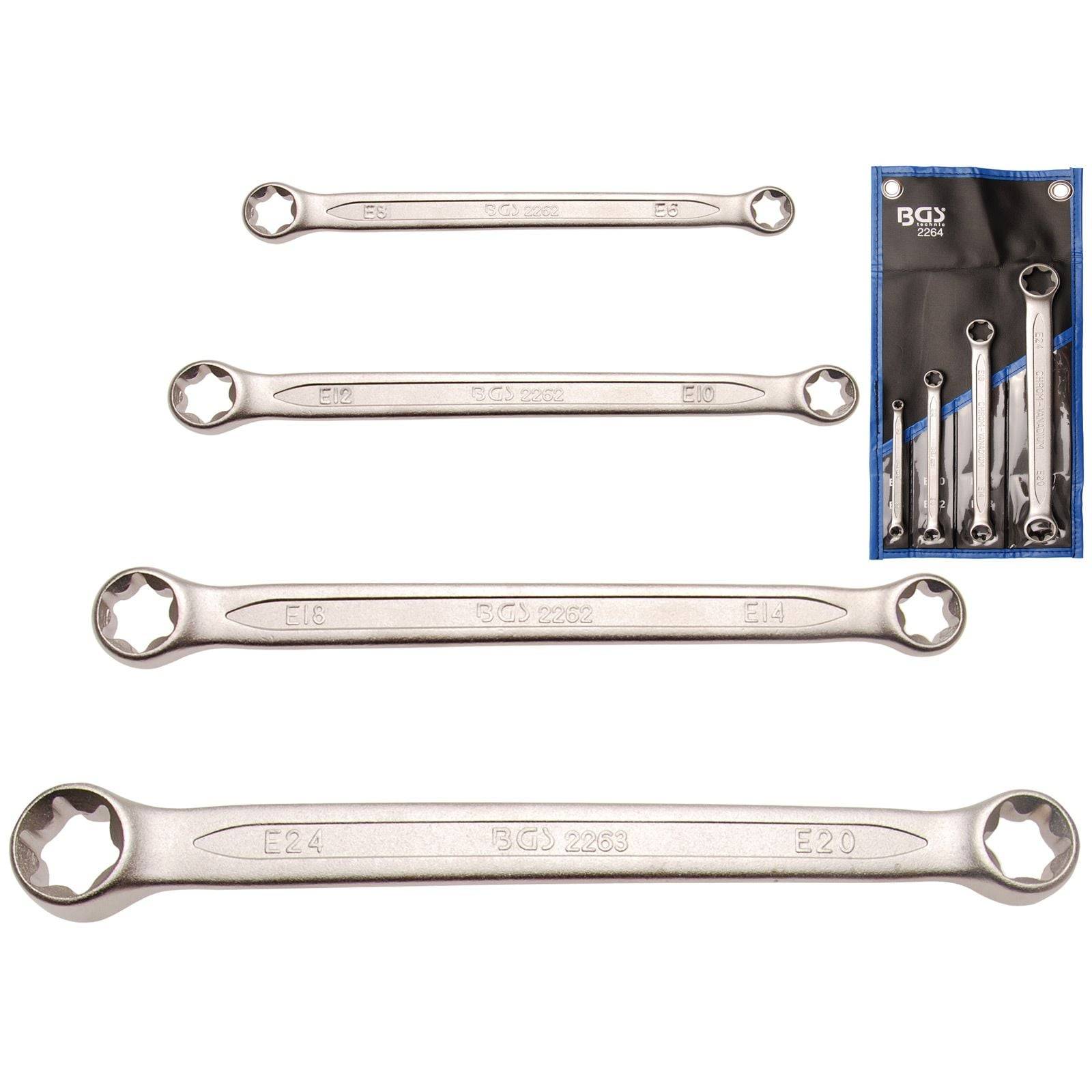 Ein Satz von vier doppelseitigen Schraubenschlüsseln, jeweils mit zwei verschiedenen Torx-Größen, präsentiert mit einer blauen Aufbewahrungstasche, die fünf Werkzeuge enthält.