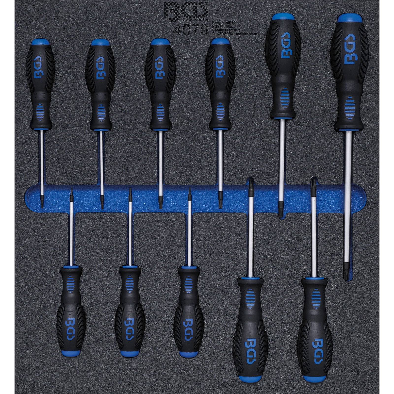 Ein Set von zwölf Präzisionsschraubenziehern, ordentlich auf einem Schaumstoffträger angeordnet. Jeder verfügt über einen schwarzen Griff mit blauen Akzenten, mit der Aufschrift 'BGS'.