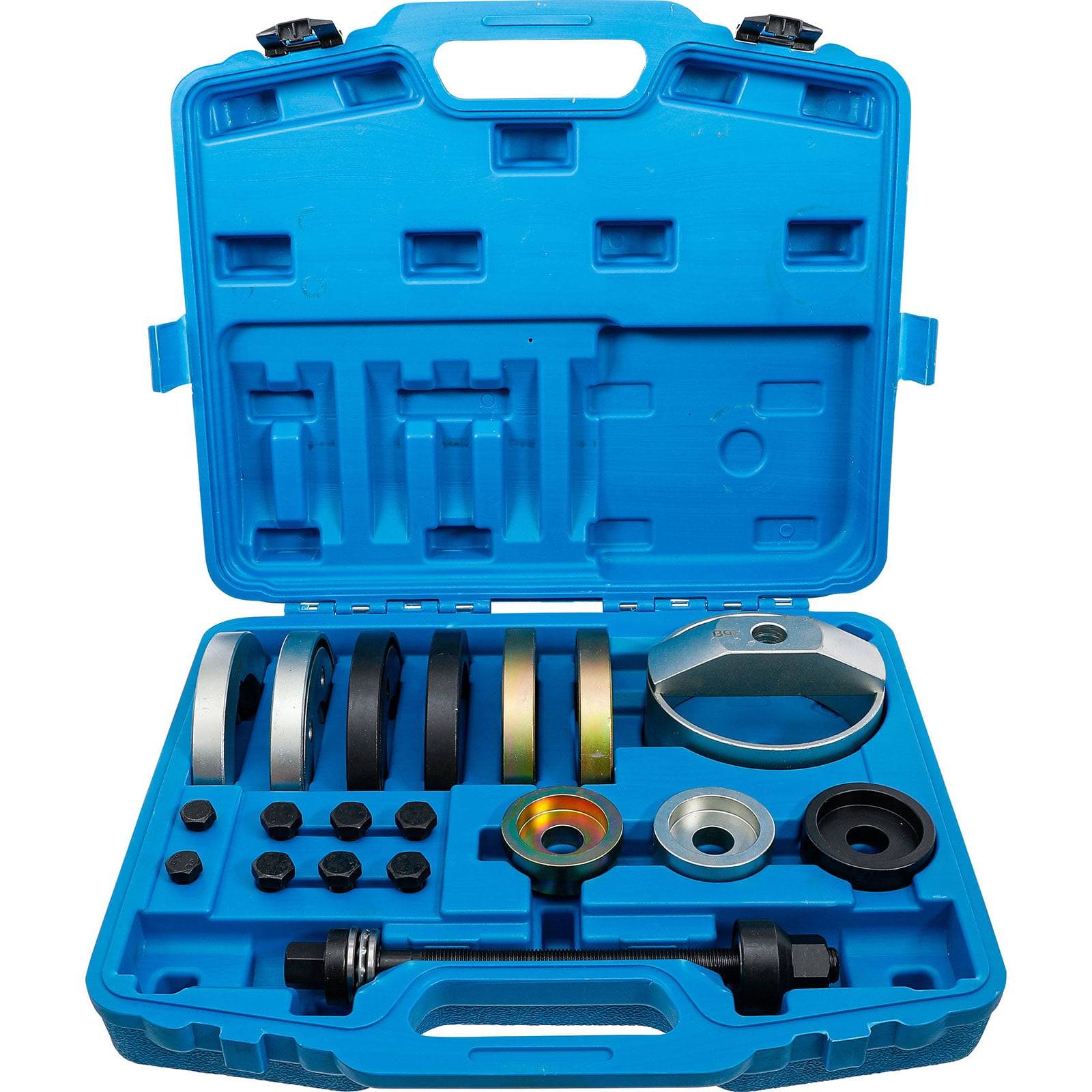 Ein blauer Werkzeugkoffer ist geöffnet und zeigt verschiedene mechanische Teile und Werkzeuge, darunter Unterlegscheiben, Ringe und einen Steckschlüsselsatz, sorgfältig und ordentlich angeordnet.