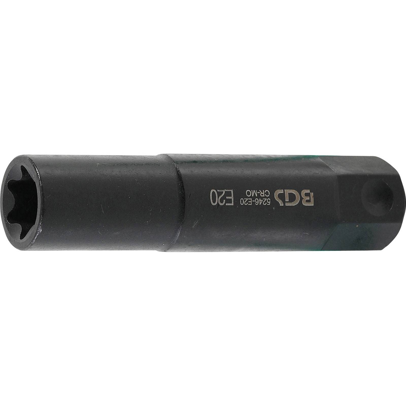 Eine schwarze Steckdose mit sechseckiger Form und Modellnummernbezeichnung 'E20' und 'BGS'-Text, der an der Seite gedruckt ist.