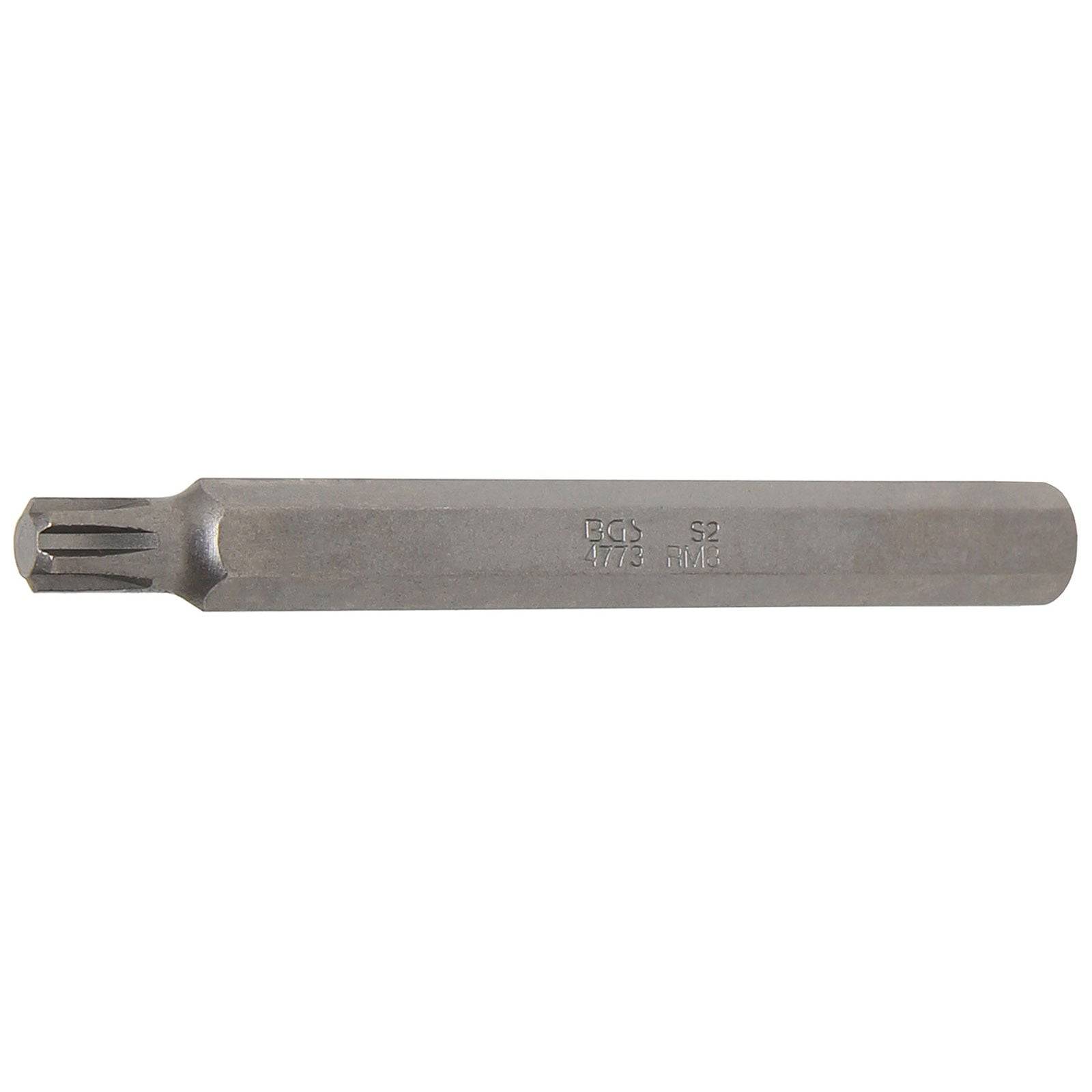 Ein Torx-Schraubendreher-Bit mit einem sechseckigen sternförmigen Kopf, horizontal dargestellt.
