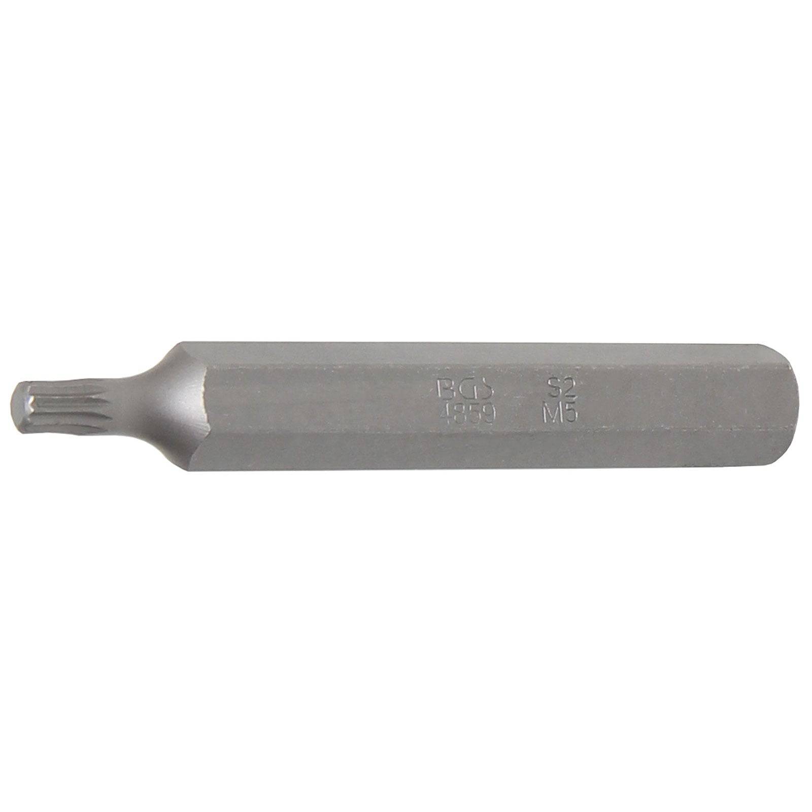 Ein Metall-Sechskant-Bit mit einem sternförmigen Ende, das zum Eindrehen von Schrauben oder Bolzen verwendet wird und auf der Seite mit Spezifikationen beschriftet ist.
