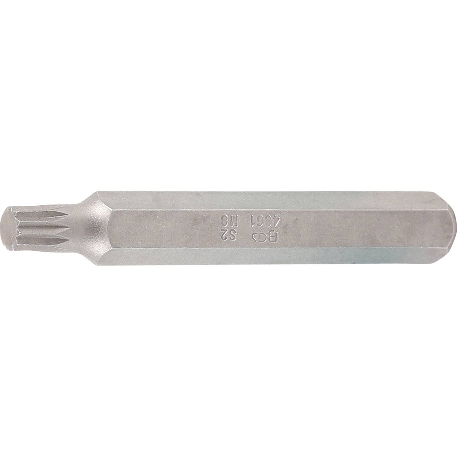 Ein silberner Torx-Bit mit einem sechszackigen, sternartig geformten Kopf und sechskantigem Schaft, der üblicherweise zum Anziehen oder Lösen von Schrauben mit Torx-Schlitzen verwendet wird.