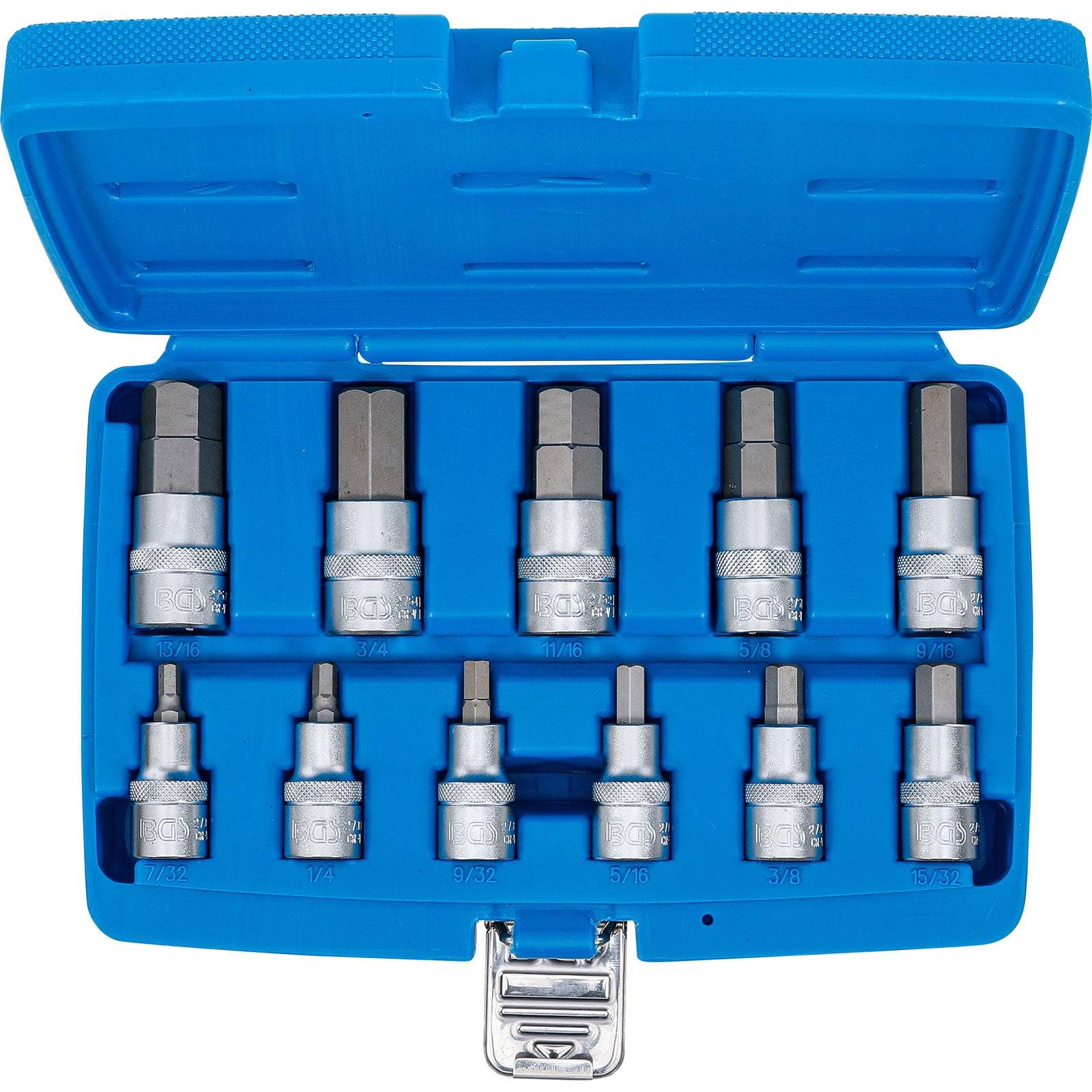 Eine blaue Plastikbox mit zehn Sechskant-Biteinsätzen, die in zwei Reihen angeordnet sind und zum Anziehen oder Lösen von Sechskantschrauben bei mechanischen Arbeiten verwendet werden.