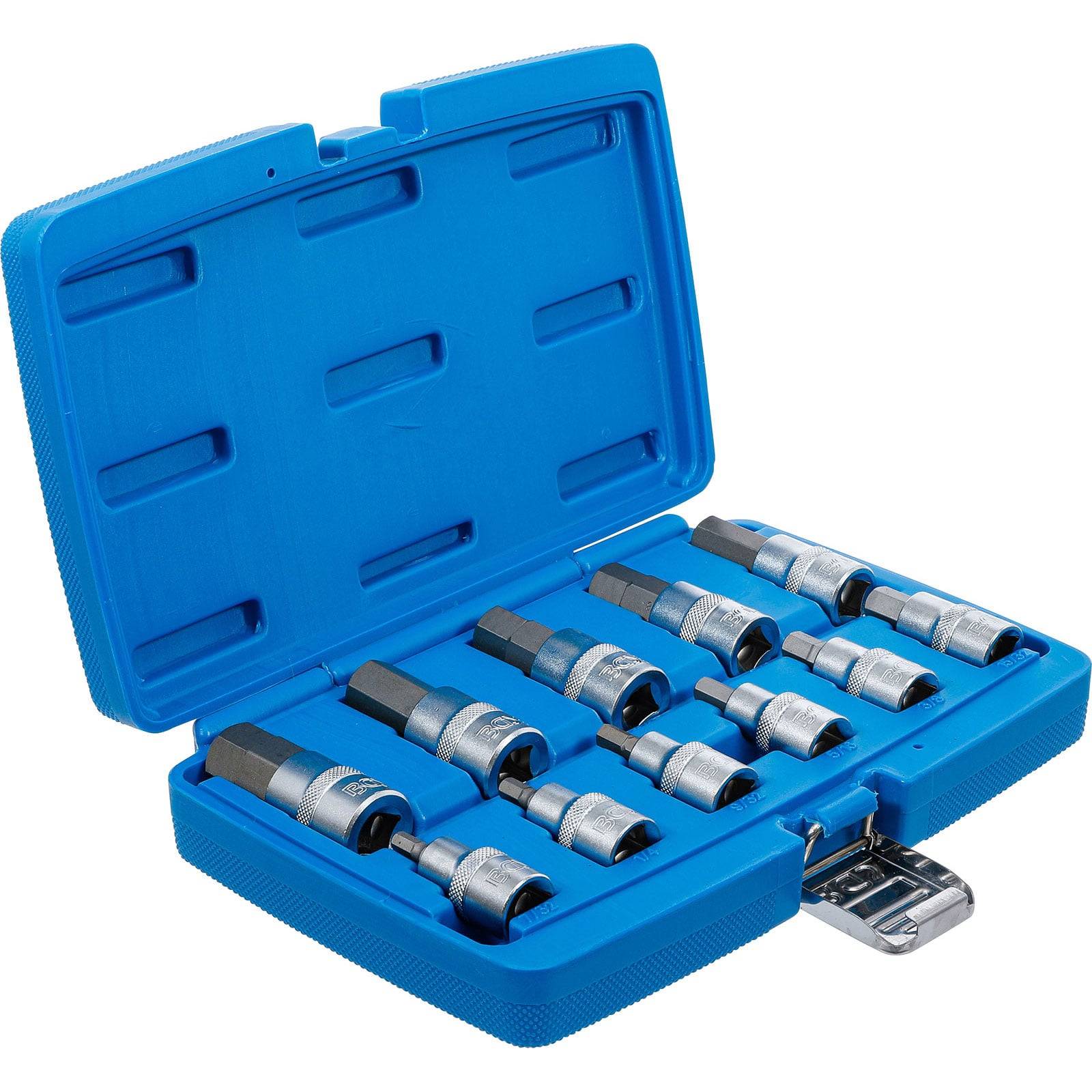 Eine blaue Plastikbox, die neun Metallsechskantschlüssel in Reihen angeordnet enthält, mit einem Verschluss zur sicheren Verriegelung.