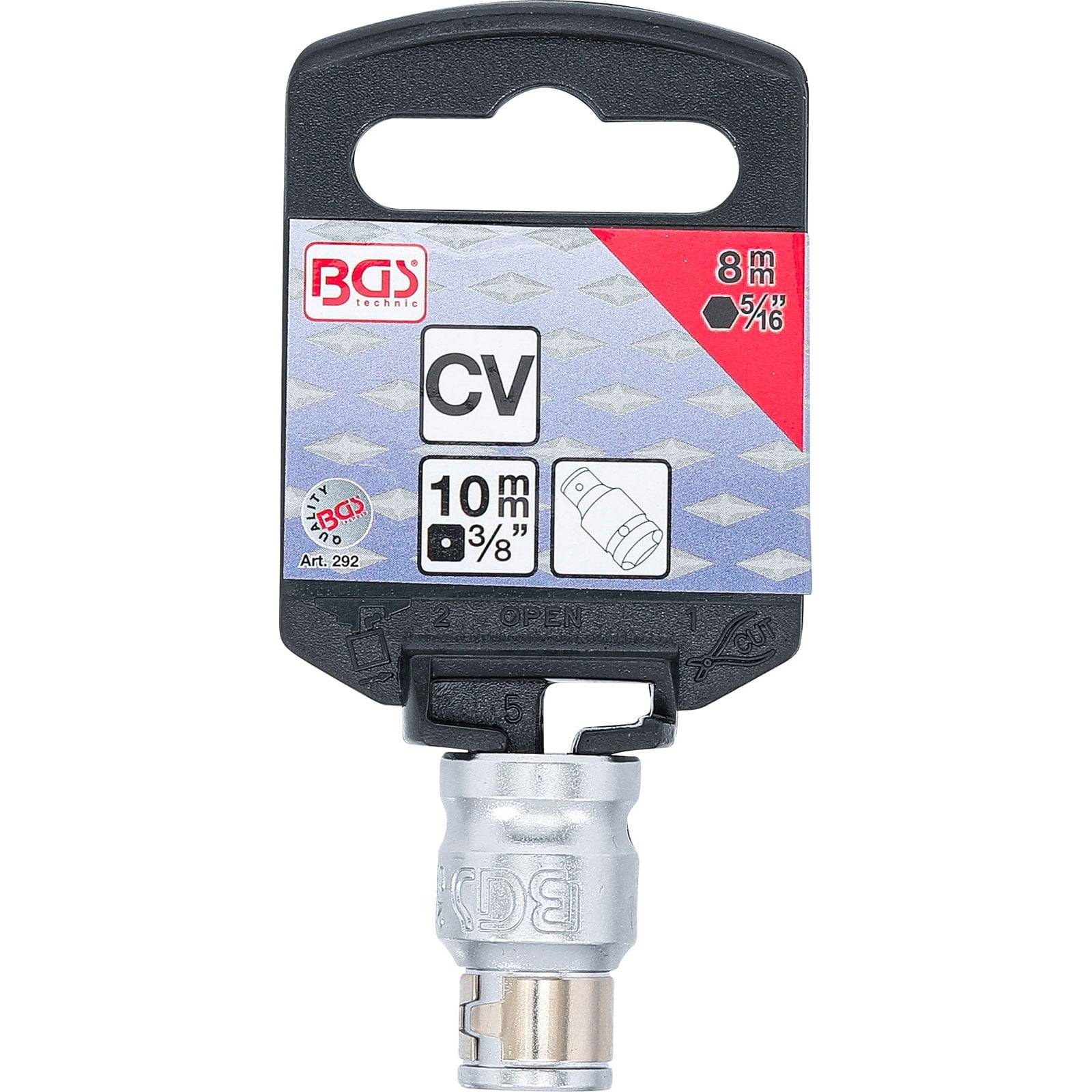 Ein BGS-Sockeladapter mit der Bezeichnung 'CV' für Größen 8 mm und 5/16 sowie 10 mm und 3/8 mit einer 360° rotierenden Funktion, an einem Produkthänger.