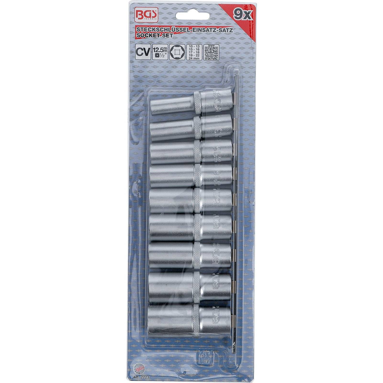 Steckschlüsselsatz in Verpackung, bestehend aus 9 Chrom-Vanadium-Stahlteilen. BGS-Marke mit 12,5 mm Maß.