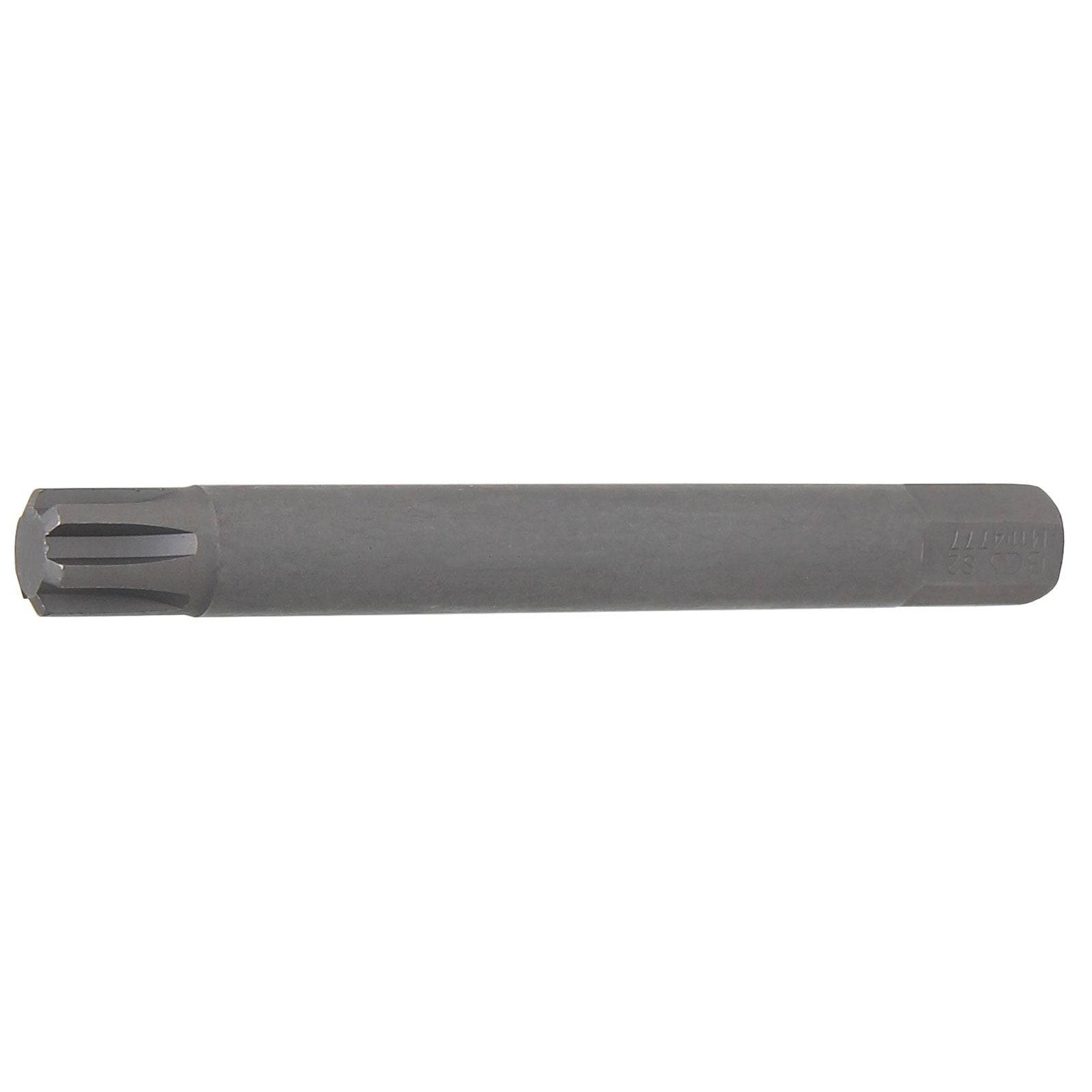 Ein langer, zylindrischer Gegenstand mit Rillen an einem Ende. Die Oberfläche erscheint glatt und grau und ähnelt einem Werkzeug oder einer Komponente.
