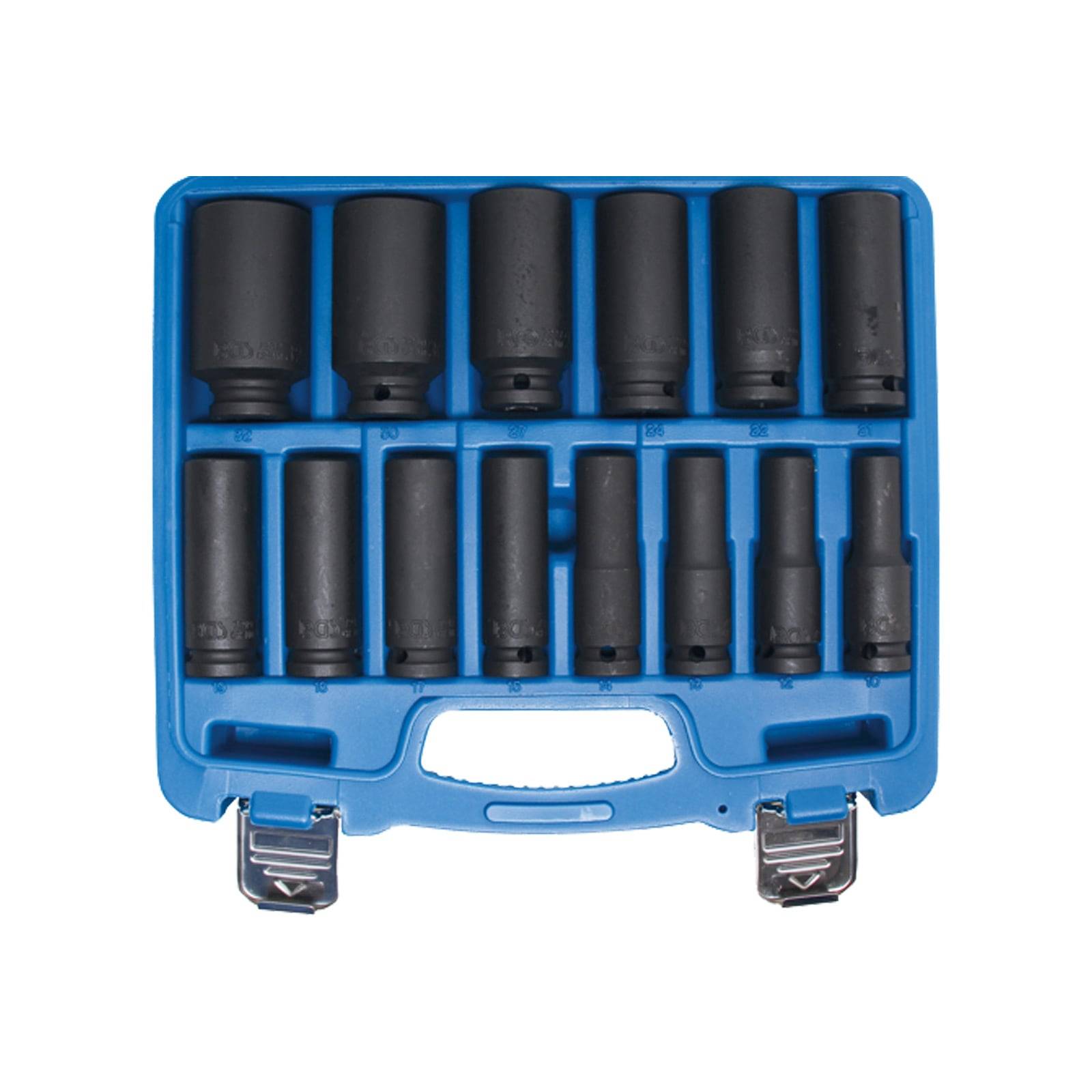 Ein blaues Plastikgehäuse, geöffnet, um einen vollständigen Satz schwarzer Steckschlüssel zu präsentieren, die ordentlich in Reihen angeordnet sind und zum Anziehen oder Lösen von Muttern und Schrauben verwendet werden.