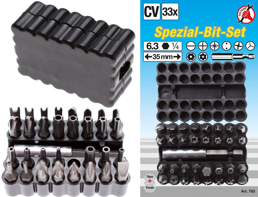 Bit-Satz kurz Antrieb Außensechskant 6,3 mm (1/4) verschiedene Profile 33-tlg.