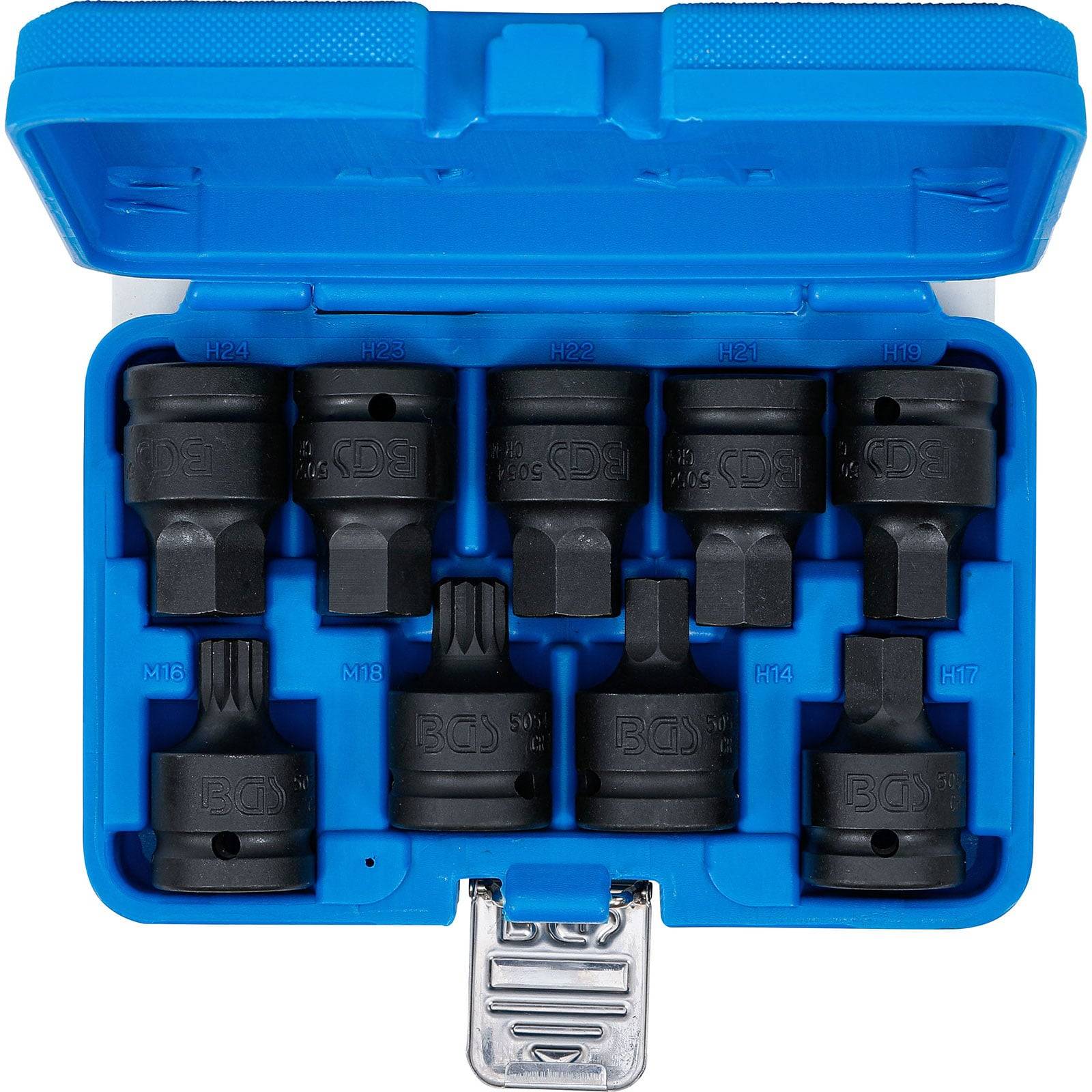 Eine blaue Plastikbox, die einen Satz von zehn schwarzen Sechskant- und Sternsockeleinsätzen enthält, die jeweils mit verschiedenen Größen beschriftet sind und für mechanische Arbeiten verwendet werden.