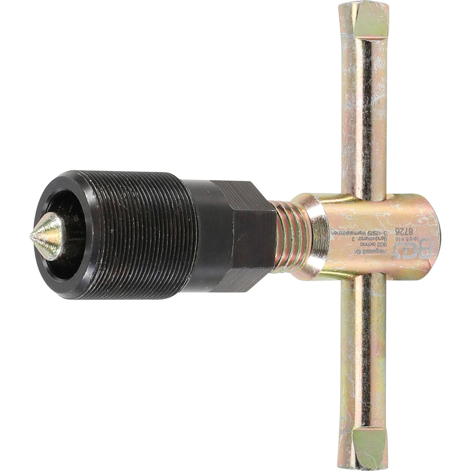 Ein Metall-T-Griff-Schwungradabzieher-Werkzeug mit einer gewindeten Welle und einer spitzen Spitze, das zum Entfernen von Schwungrädern aus Motoren oder Maschinen verwendet wird.