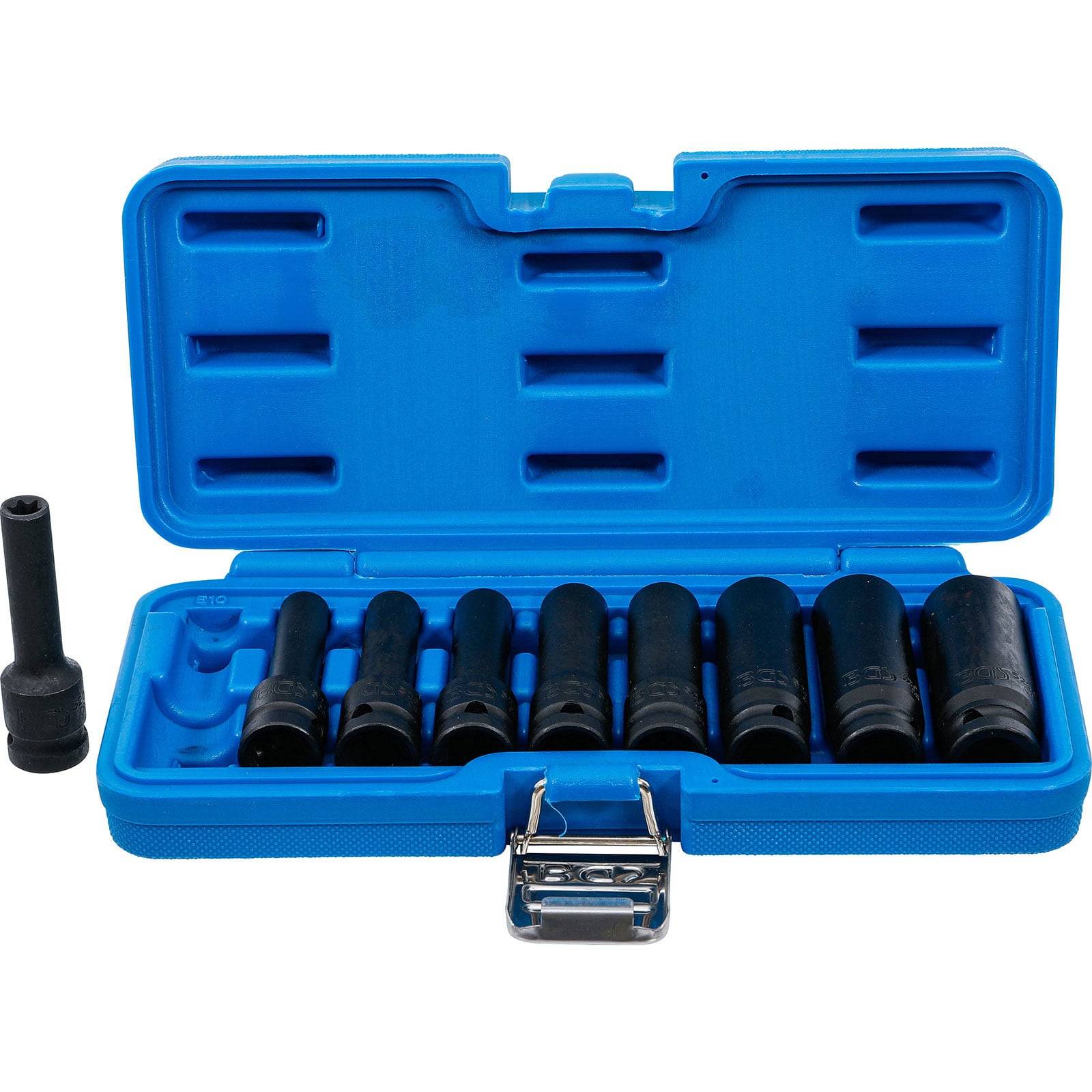 Ein blauer Plastikkoffer enthält einen Satz von acht schwarzen Schlagschraubereinsätzen mit unterschiedlichen Größen, die für mechanische oder automotive Reparaturen verwendet werden.