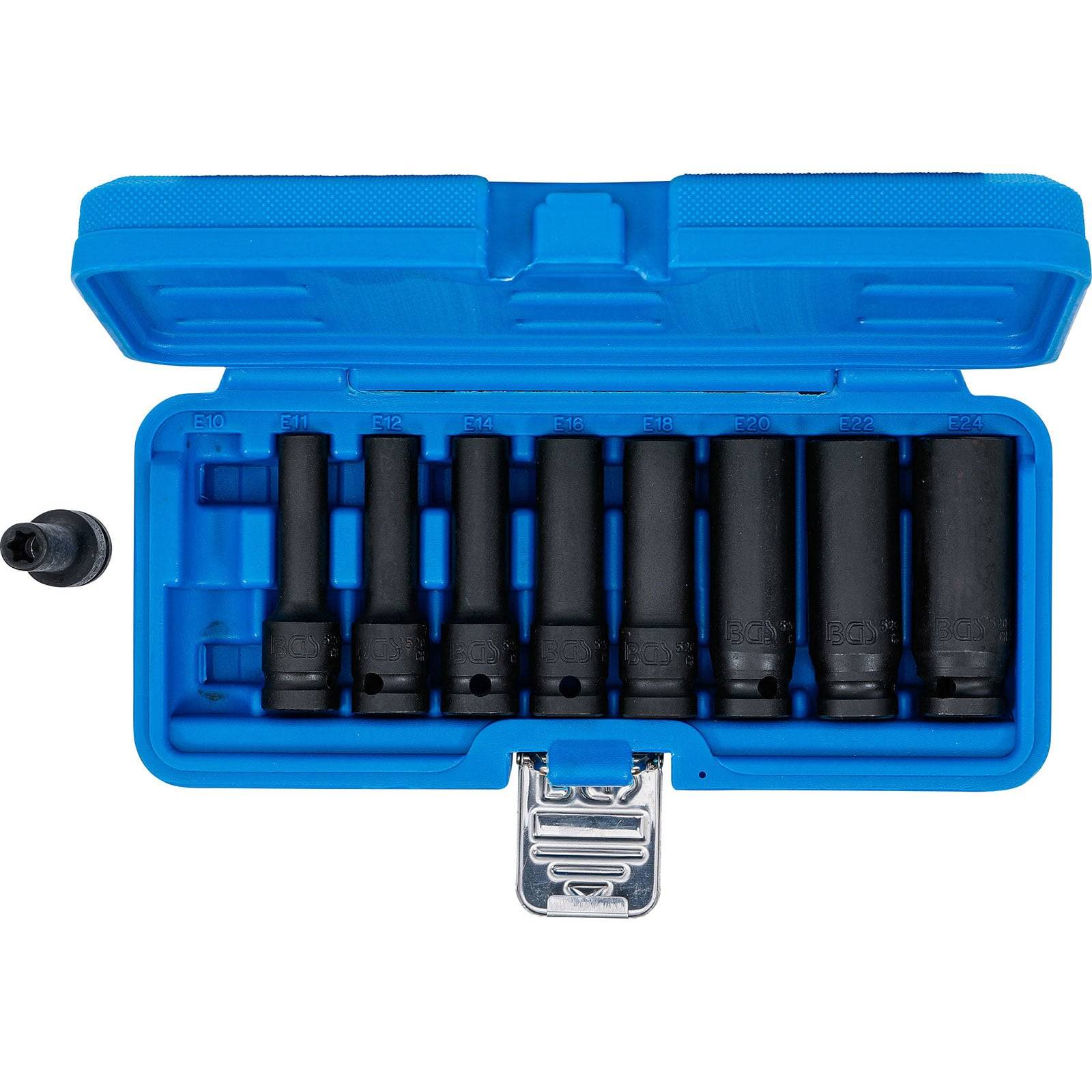 Ein blauer Koffer mit acht schwarzen Steckverbindern in verschiedenen Größen, die für Automobil- oder Mechanikarbeiten verwendet werden, mit einem Steckverbinder, der neben dem Koffer liegt.