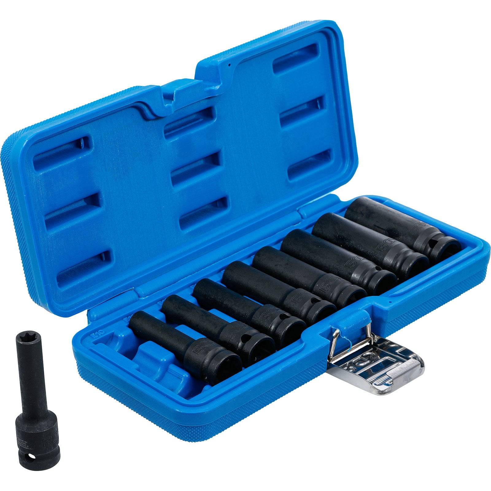 Eine blaue Plastikbox, die einen Satz schwarzer, zylindrischer Steckschlüsselverlängerungen enthält, die ordentlich innen angeordnet sind.