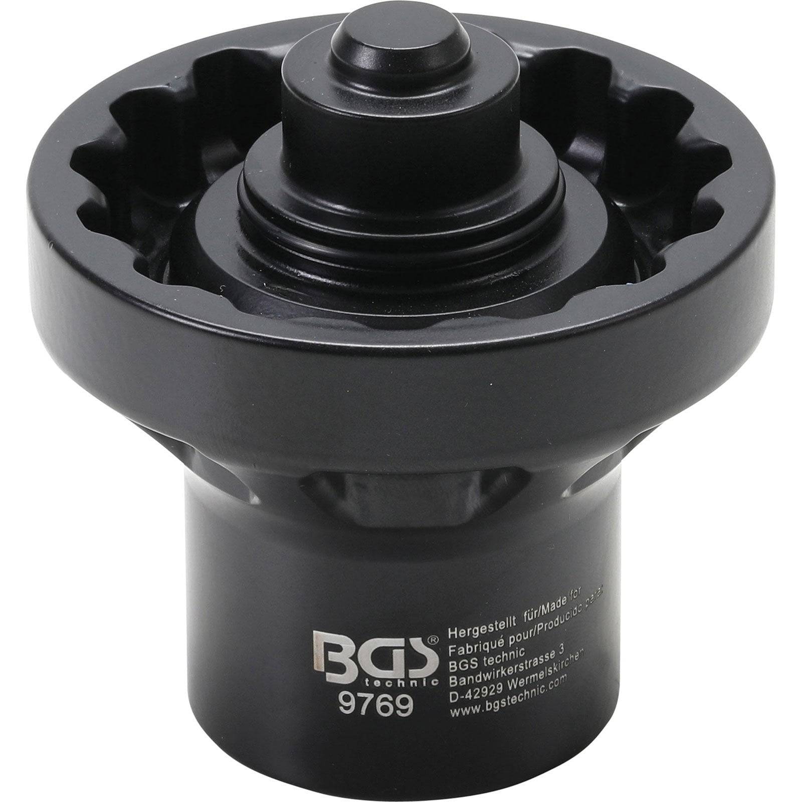 Ein schwarzes Metallwerkzeug von BGS Technic, Modell 9769, entwickelt zum Herausnehmen und Einsetzen von Ölfiltergehäusen mit einer gekerbten, zylindrischen Form.