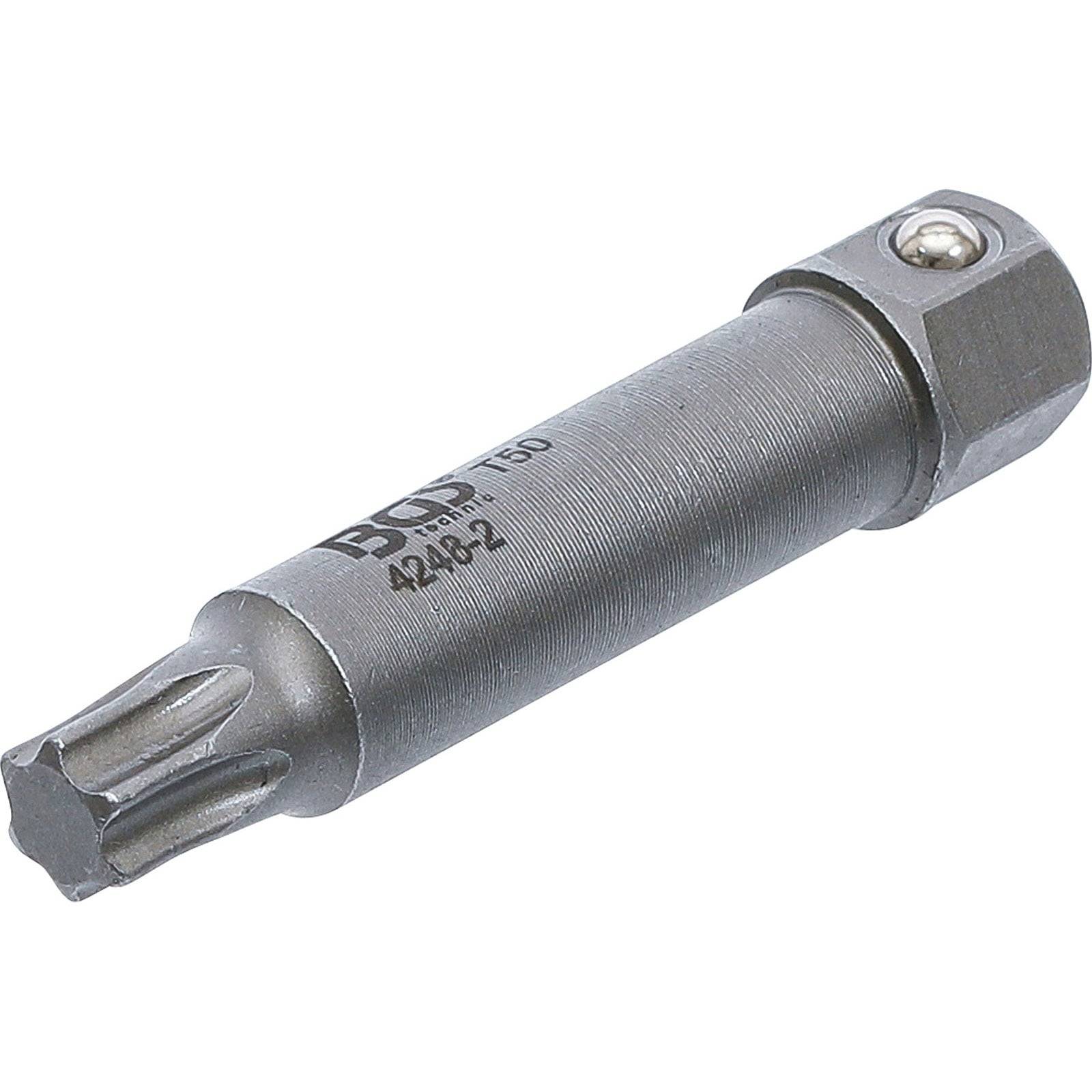 Ein metallischer Torx T50-Bit mit langem Schaft und eingravierter Beschriftung, entwickelt für den Einsatz mit kompatiblen Werkzeugen zum Befestigen oder Lösen von Schrauben.